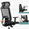 Svart ergonomisk kontorsstol med justerbara armstöd och ryggstöd.