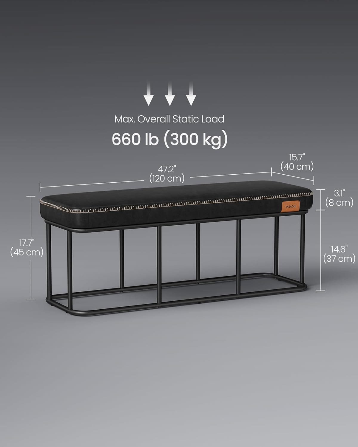VASAGLE EKHO Collection - Bench for Entryway Bedroom, Synthetic Leather with Stitching, Ottoman Bench with Steel Frame, Living Dining Room, Mid-Century Modern, Loads 300 kg, Ink Black LOM073B51 3 VASAGLE EKHO Collection - Bench for Entryway Bedroom, Synthetic Leather with Stitching, Ottoman Bench with Steel Frame, Living Dining Room, Mid-Century Modern, Loads 300 kg, Ink Black LOM073B51 - Bild 3