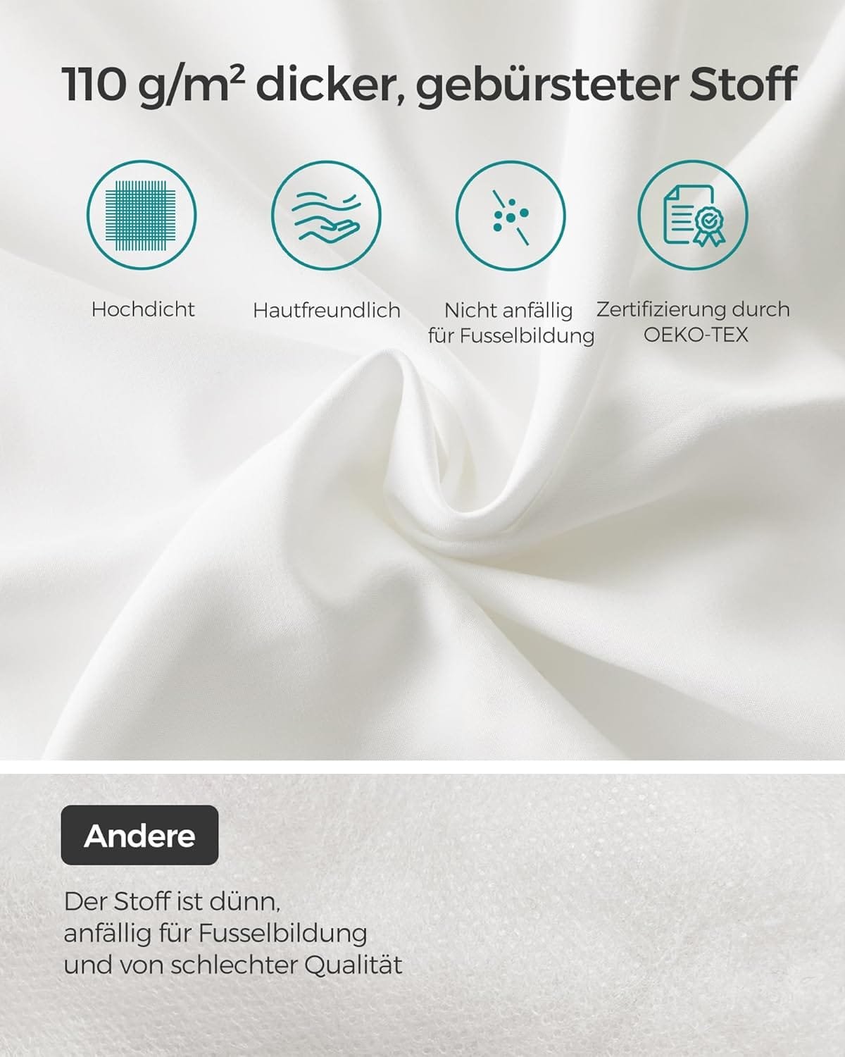 SONGMICS TBP001W02 Pillow 40 x 80 cm, Set of 2, Filling 800 g, Fabric Surface Made of Soft Brushed Polyester, Cushion, Machine Washable at 60°, with Storage Bag, Cloud White 4 SONGMICS TBP001W02 Pillow 40 x 80 cm, Set of 2, Filling 800 g, Fabric Surface Made of Soft Brushed Polyester, Cushion, Machine Washable at 60°, with Storage Bag, Cloud White - Bild 4