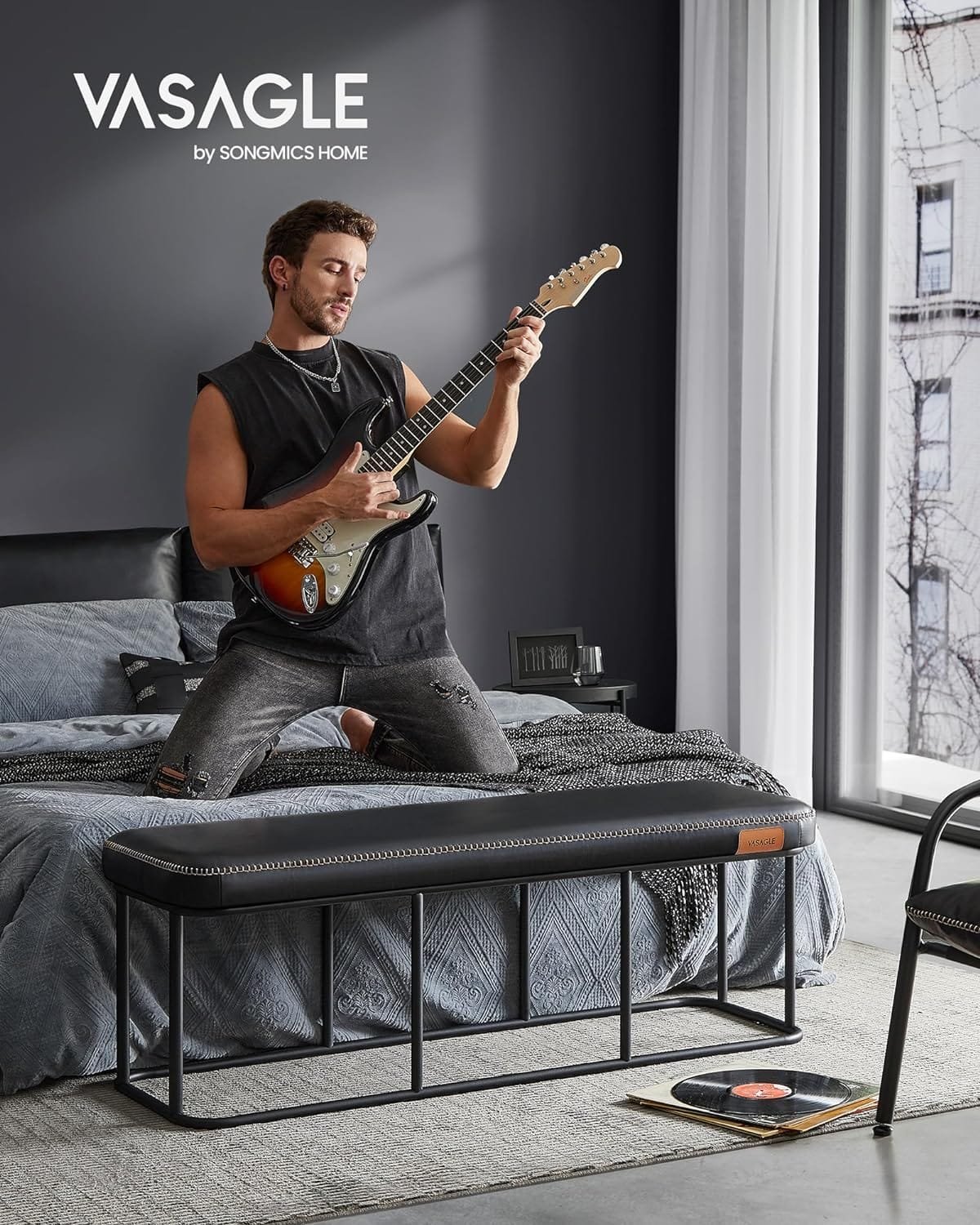 VASAGLE EKHO Collection - Bench for Entryway Bedroom, Synthetic Leather with Stitching, Ottoman Bench with Steel Frame, Living Dining Room, Mid-Century Modern, Loads 300 kg, Ink Black LOM073B51 2 VASAGLE EKHO Collection - Bench for Entryway Bedroom, Synthetic Leather with Stitching, Ottoman Bench with Steel Frame, Living Dining Room, Mid-Century Modern, Loads 300 kg, Ink Black LOM073B51 - Bild 2