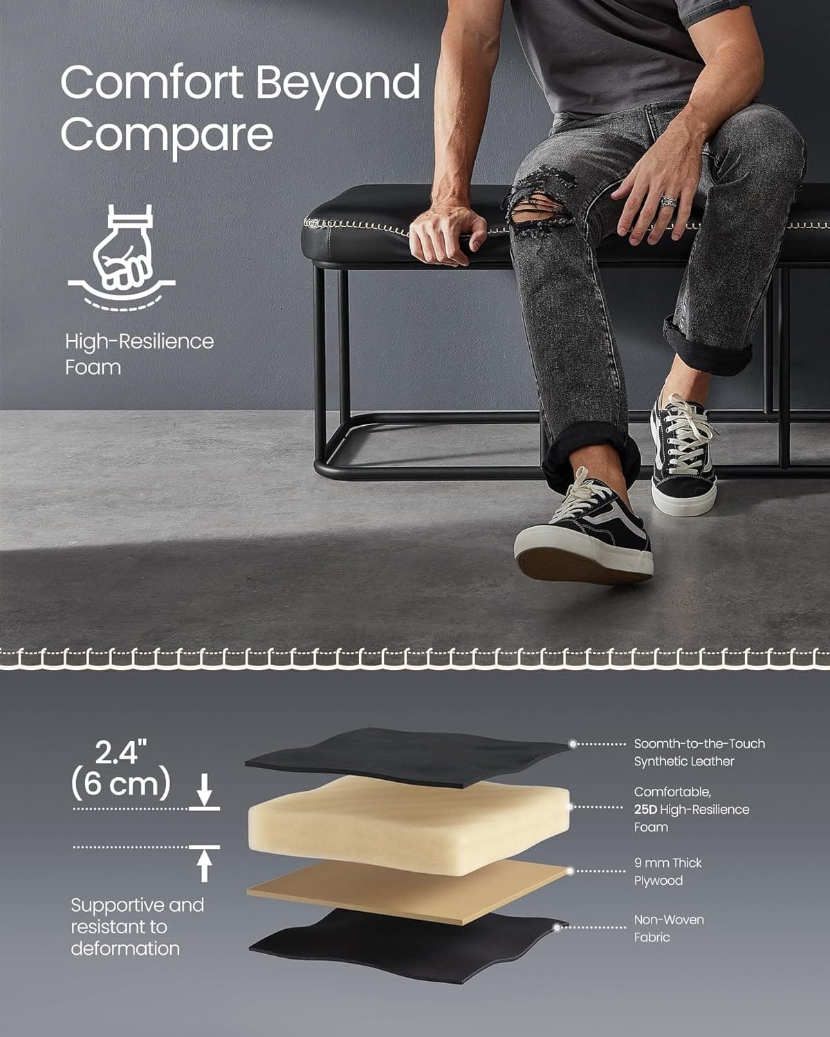 VASAGLE EKHO Collection - Bench for Entryway Bedroom, Synthetic Leather with Stitching, Ottoman Bench with Steel Frame, Living Dining Room, Mid-Century Modern, Loads 300 kg, Ink Black LOM073B51 5 VASAGLE EKHO Collection - Bench for Entryway Bedroom, Synthetic Leather with Stitching, Ottoman Bench with Steel Frame, Living Dining Room, Mid-Century Modern, Loads 300 kg, Ink Black LOM073B51 - Bild 5