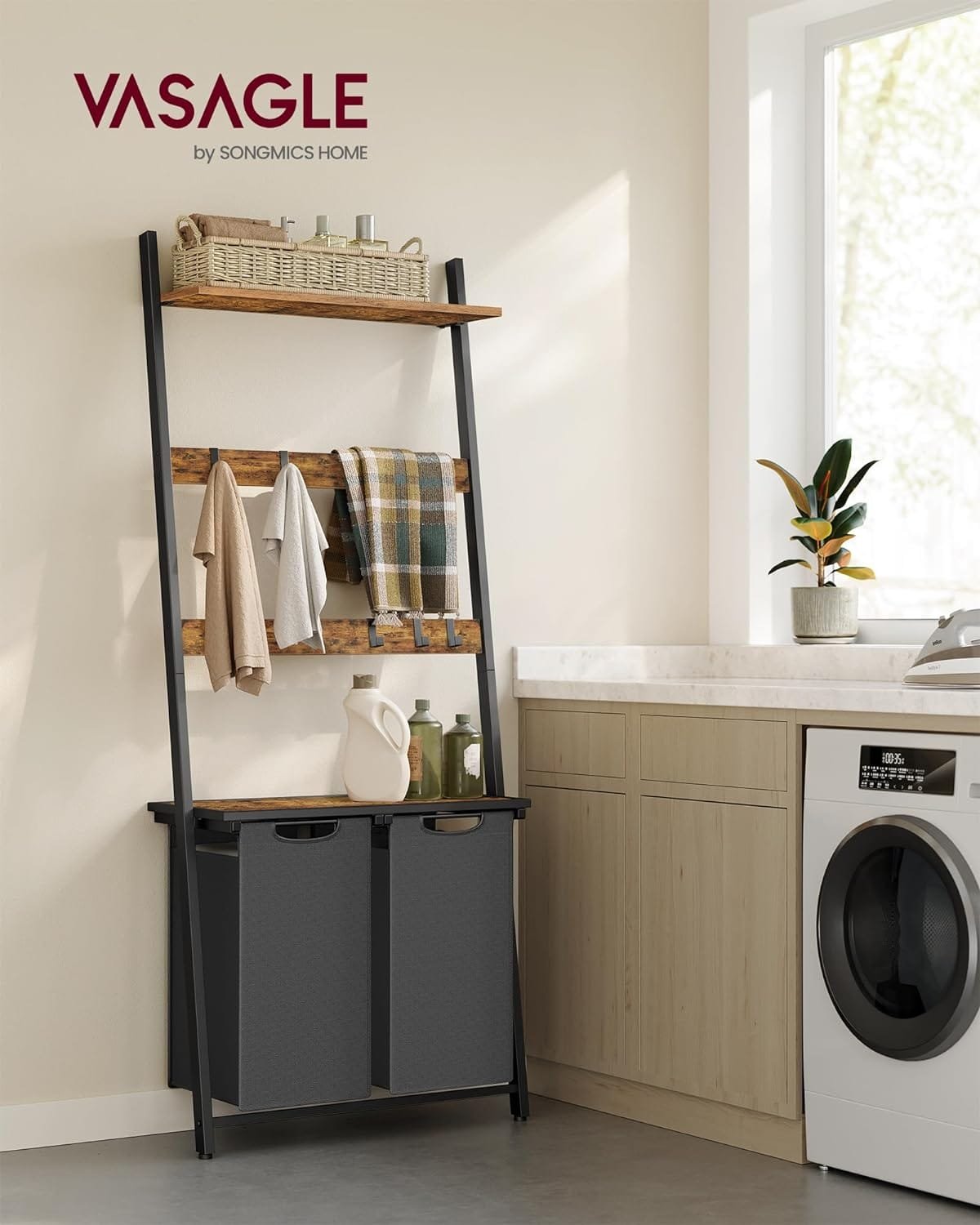 VASAGLE tvättkorg, 2-delad tvättkorg med filtstege, rustik brun och svart 2 VASAGLE tvättkorg, 2-delad tvättkorg med filtstege, rustik brun och svart - Bild 2