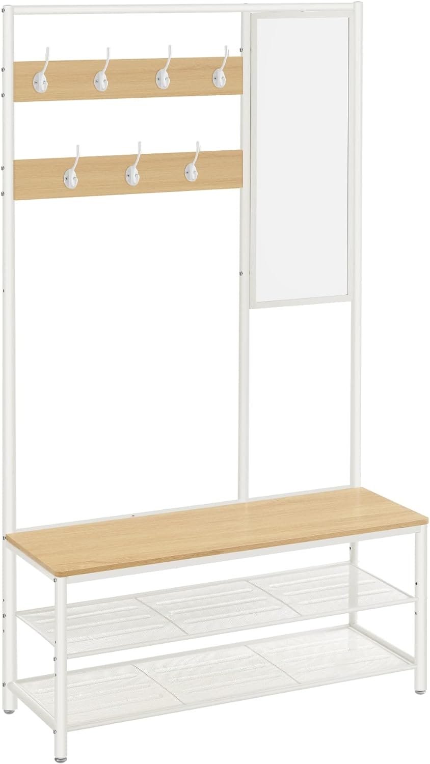 VASAGLE klädhängare med skoförvaring, hallträd med spegel, skohyllor, ekfärg och vit 1 klädhängare
