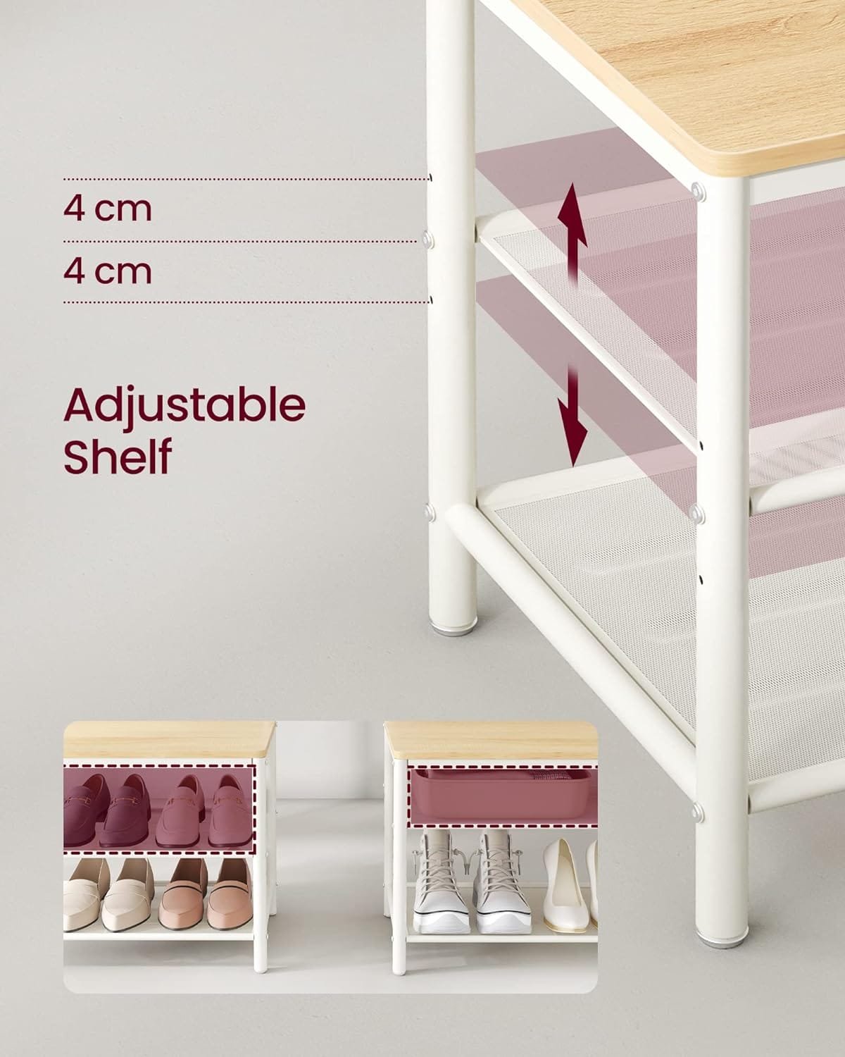 VASAGLE klädhängare med skoförvaring, hallträd med spegel, skohyllor, ekfärg och vit 6 VASAGLE klädhängare med skoförvaring, hallträd med spegel, skohyllor, ekfärg och vit - Bild 6