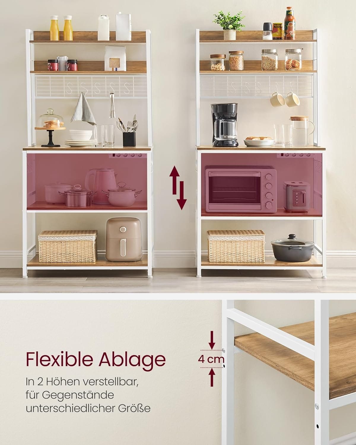 VASAGLE kökshylla med uttag, mikrovågshylla, 14 krokar, vintage brun/vit 5 VASAGLE kökshylla med uttag, mikrovågshylla, 14 krokar, vintage brun/vit - Bild 5