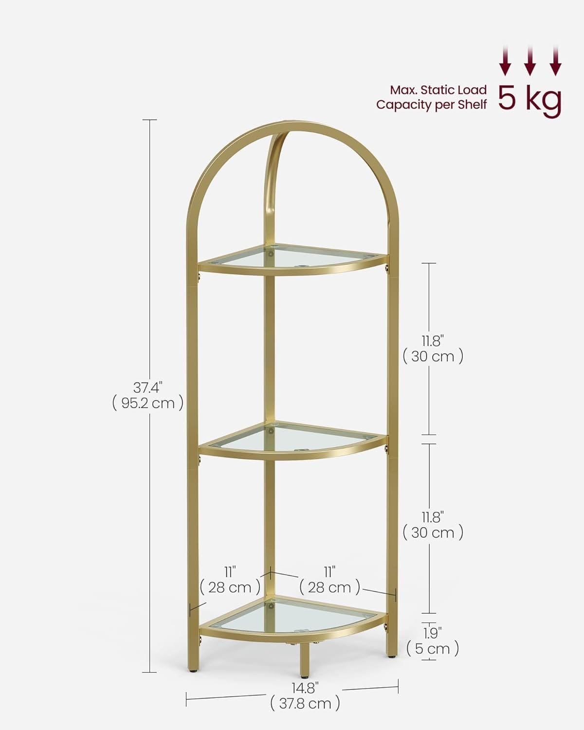 VASAGLE Corner Shelf Stand, Small Bathroom Storage Organiser, 3-Tier Tempered Glass Shelf, Toilet Paper Stand, Plant Stand, Bedroom Living Room Decor, Metal Frame, Modern, Metallic Golden LGT811A01 2 VASAGLE Corner Shelf Stand, Small Bathroom Storage Organiser, 3-Tier Tempered Glass Shelf, Toilet Paper Stand, Plant Stand, Bedroom Living Room Decor, Metal Frame, Modern, Metallic Golden LGT811A01 - Bild 2