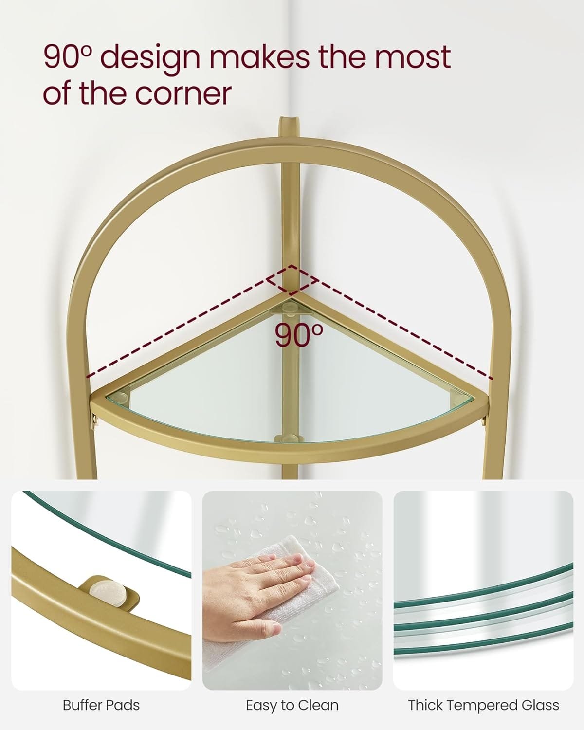 VASAGLE Corner Shelf Stand, Small Bathroom Storage Organiser, 3-Tier Tempered Glass Shelf, Toilet Paper Stand, Plant Stand, Bedroom Living Room Decor, Metal Frame, Modern, Metallic Golden LGT811A01 4 VASAGLE Corner Shelf Stand, Small Bathroom Storage Organiser, 3-Tier Tempered Glass Shelf, Toilet Paper Stand, Plant Stand, Bedroom Living Room Decor, Metal Frame, Modern, Metallic Golden LGT811A01 - Bild 4