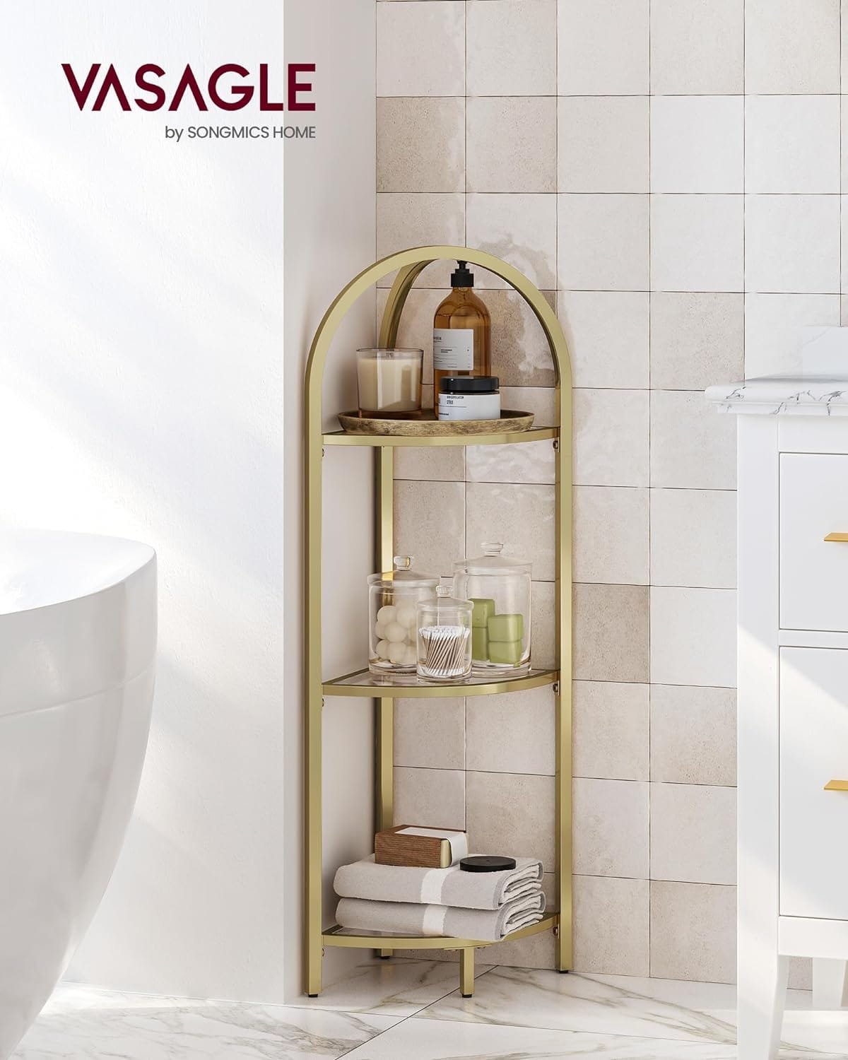 VASAGLE Corner Shelf Stand, Small Bathroom Storage Organiser, 3-Tier Tempered Glass Shelf, Toilet Paper Stand, Plant Stand, Bedroom Living Room Decor, Metal Frame, Modern, Metallic Golden LGT811A01 5 VASAGLE Corner Shelf Stand, Small Bathroom Storage Organiser, 3-Tier Tempered Glass Shelf, Toilet Paper Stand, Plant Stand, Bedroom Living Room Decor, Metal Frame, Modern, Metallic Golden LGT811A01 - Bild 5
