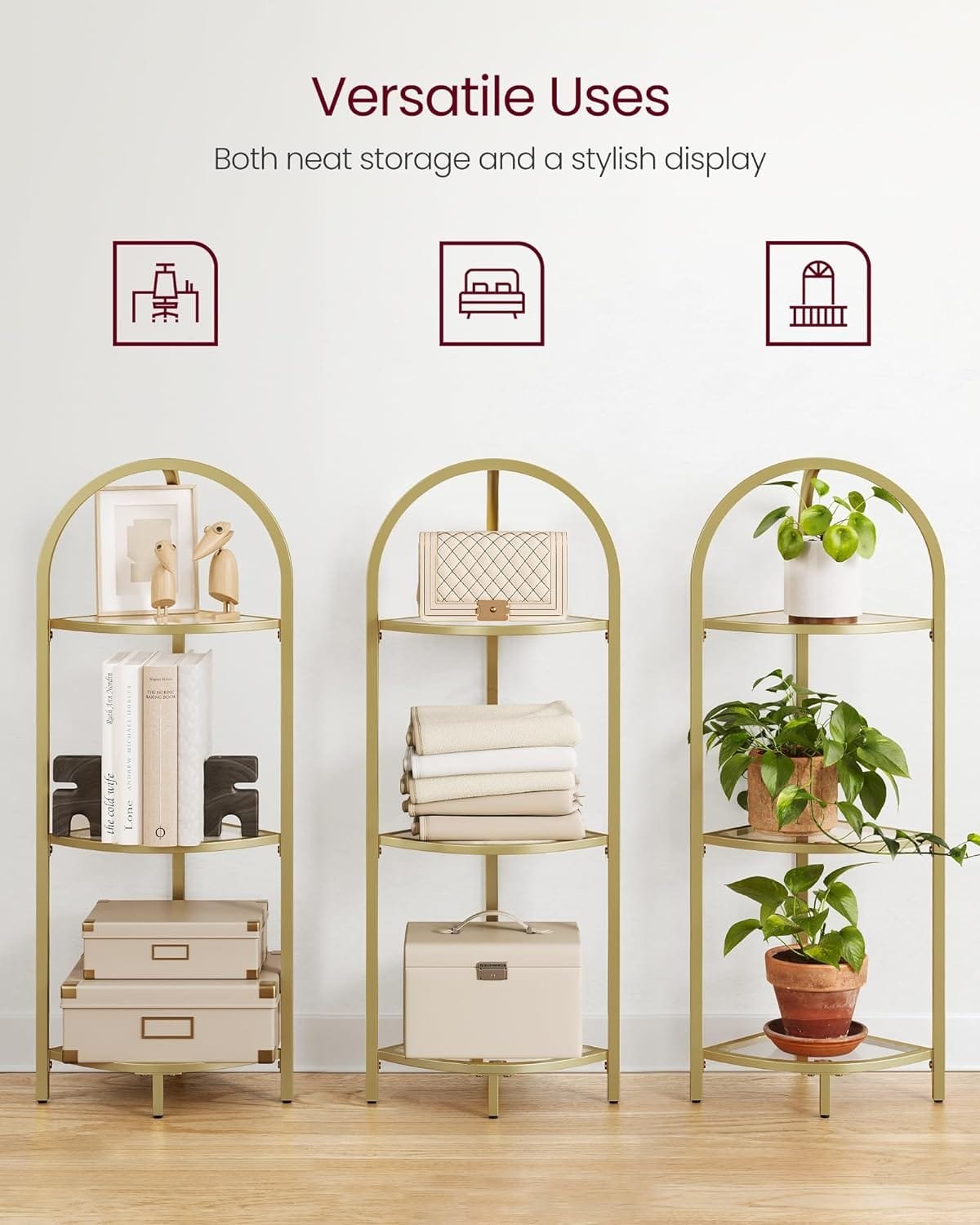 VASAGLE Corner Shelf Stand, Small Bathroom Storage Organiser, 3-Tier Tempered Glass Shelf, Toilet Paper Stand, Plant Stand, Bedroom Living Room Decor, Metal Frame, Modern, Metallic Golden LGT811A01 6 VASAGLE Corner Shelf Stand, Small Bathroom Storage Organiser, 3-Tier Tempered Glass Shelf, Toilet Paper Stand, Plant Stand, Bedroom Living Room Decor, Metal Frame, Modern, Metallic Golden LGT811A01 - Bild 6