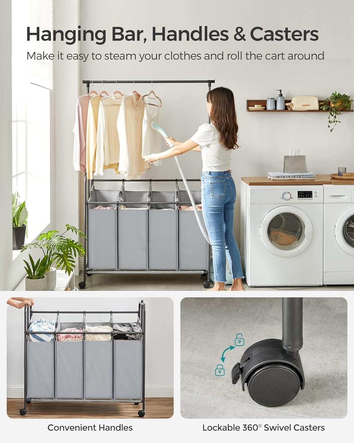SONGMICS 4-delad tvättsorterare, rullande tvättkorg, 52,8-liters, grå 5 SONGMICS 4-delad tvättsorterare, rullande tvättkorg, 52,8-liters, grå - Bild 5
