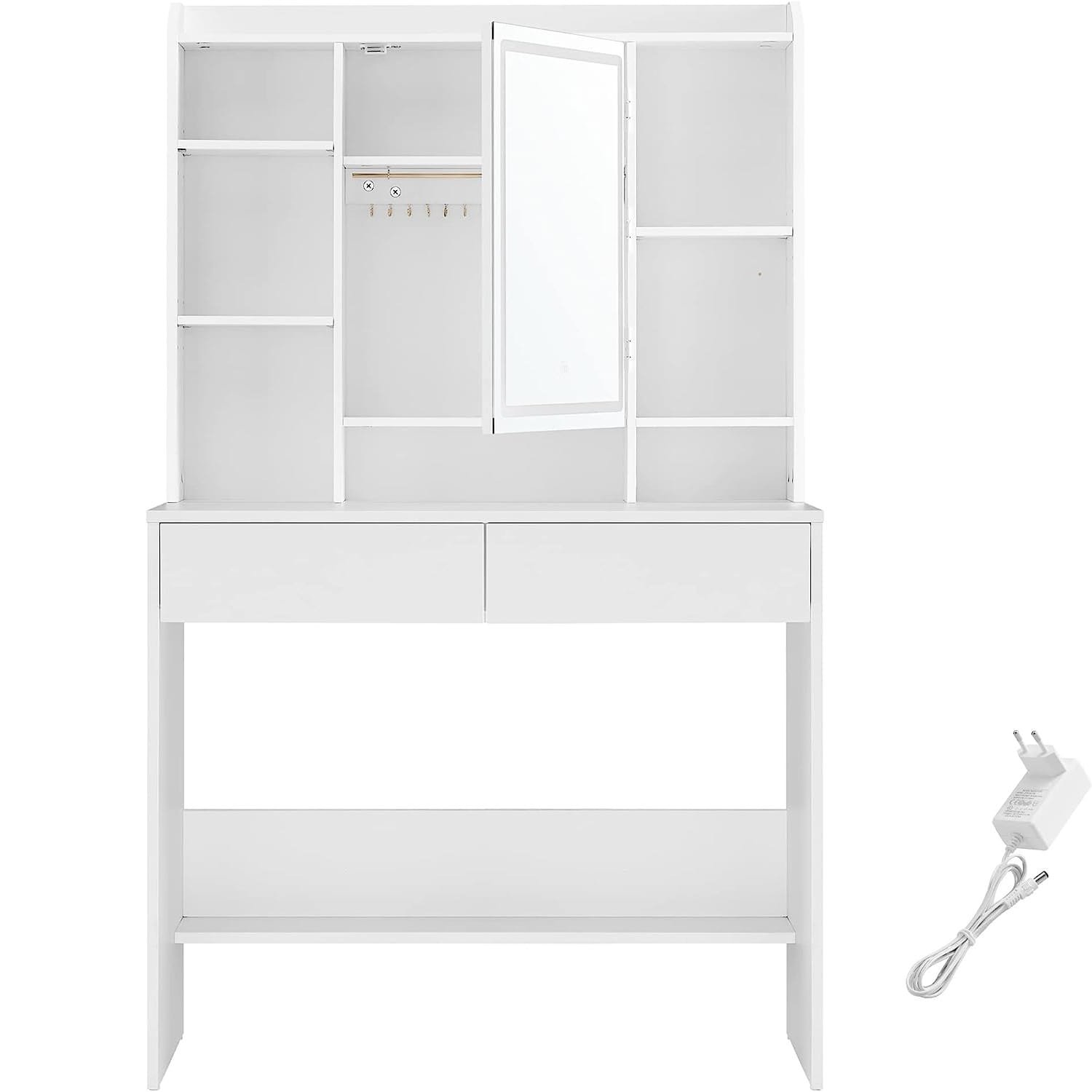 Sminkbord med LED-belysning, vit kosmetikbord med spegel, justerbara hyllor och 2 lådor, modern design.