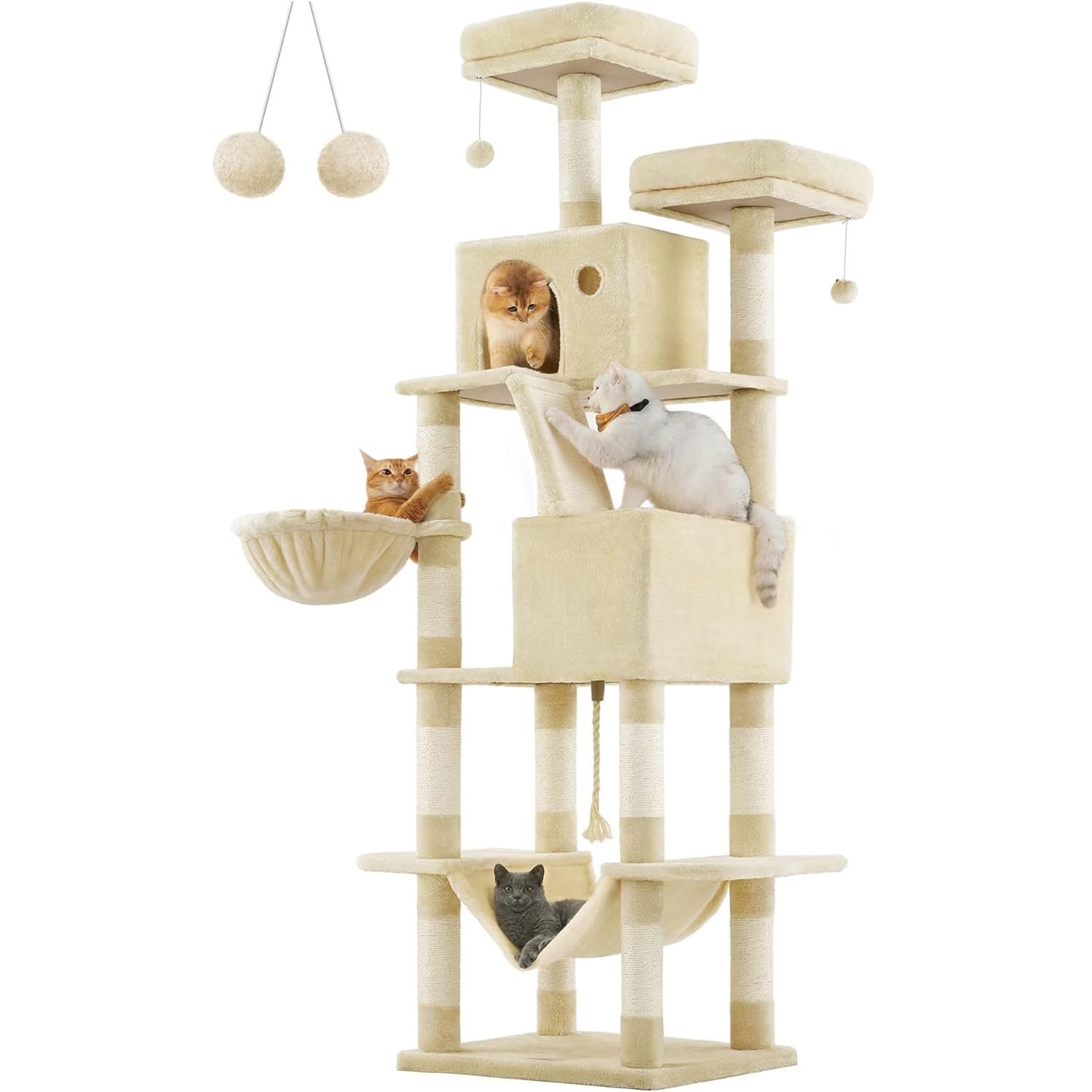 Beige XXL klösträd med en höjd på 206 cm, utrustat med två mysiga grottor, en hängmatta, en korg och hängande bollar – perfekt för flera katter i olika storlekar
