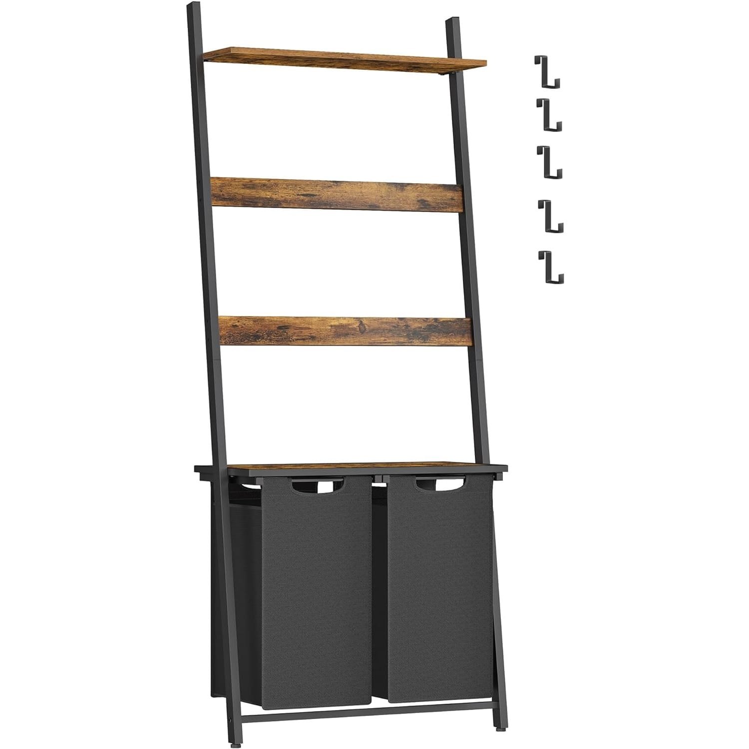 VASAGLE tvättkorg, 2-delad tvättkorg med filtstege, rustik brun och svart 1 tvättkorg