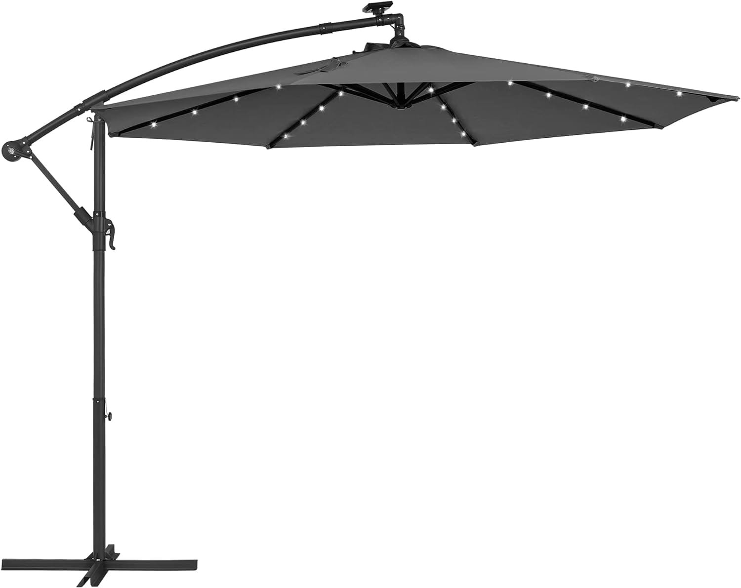 Cantilever Trädgårdsparasoll med Soldrivna Led-lampor, 3 M Bananparaply med Bas, Grå 1 parasoll