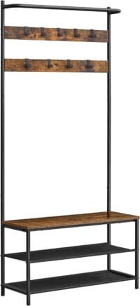 Klädhängare med Skoförvaring, Hallträd, Klädstativ med Skobänk, 32,2 X 84 X 180 Cm, Brun Och Svart 1 skobänk
