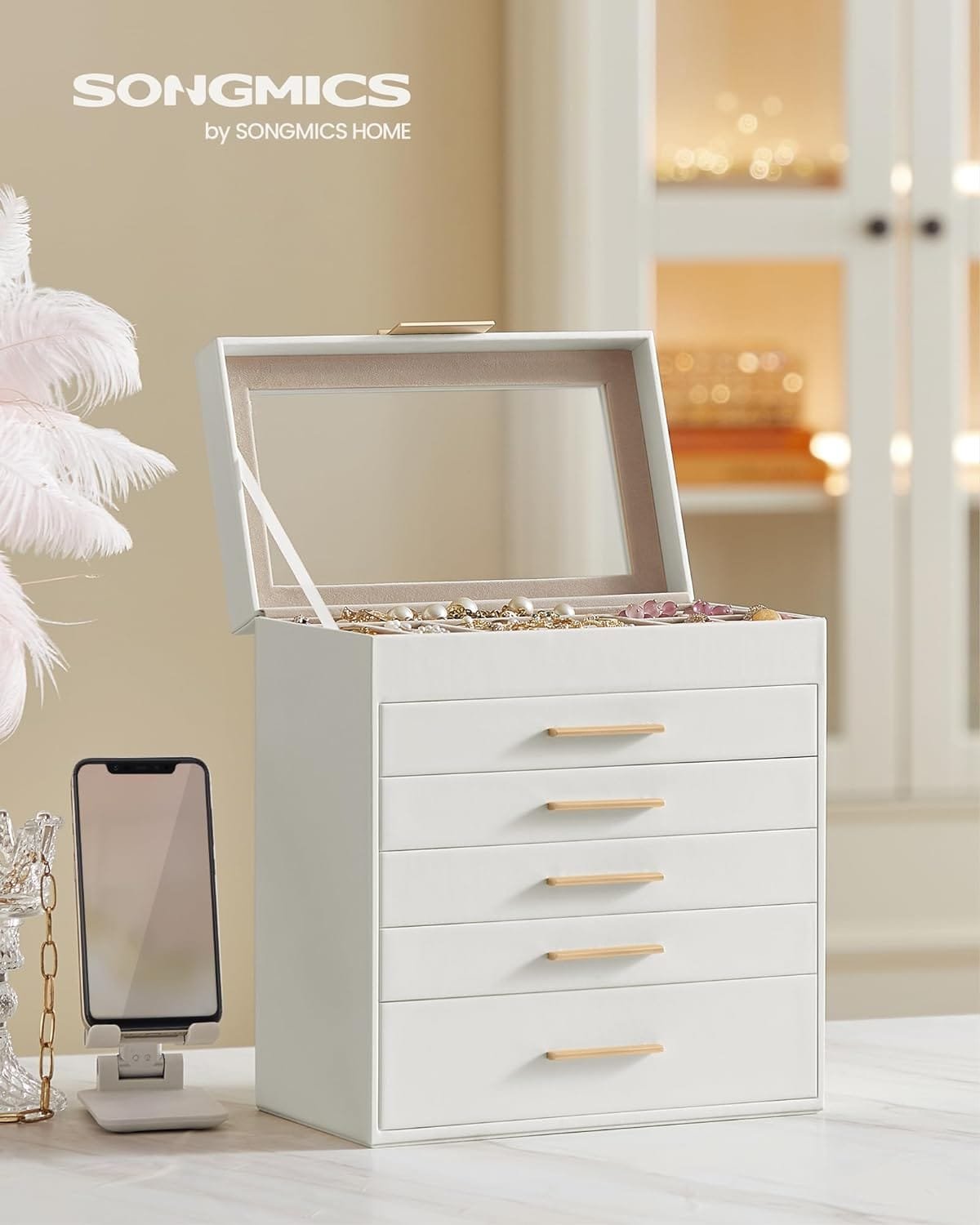 Smyckeskrin med Glaslock, 6-vånings Smyckeskåp, 5 Lådor, För Solglasögon, Stora Smycken, Smyckeförvaring, Modern Stil, Molnvit Och Guldfärg 2 Smyckeskrin med Glaslock, 6-vånings Smyckeskåp, 5 Lådor, För Solglasögon, Stora Smycken, Smyckeförvaring, Modern Stil, Molnvit Och Guldfärg - Bild 2