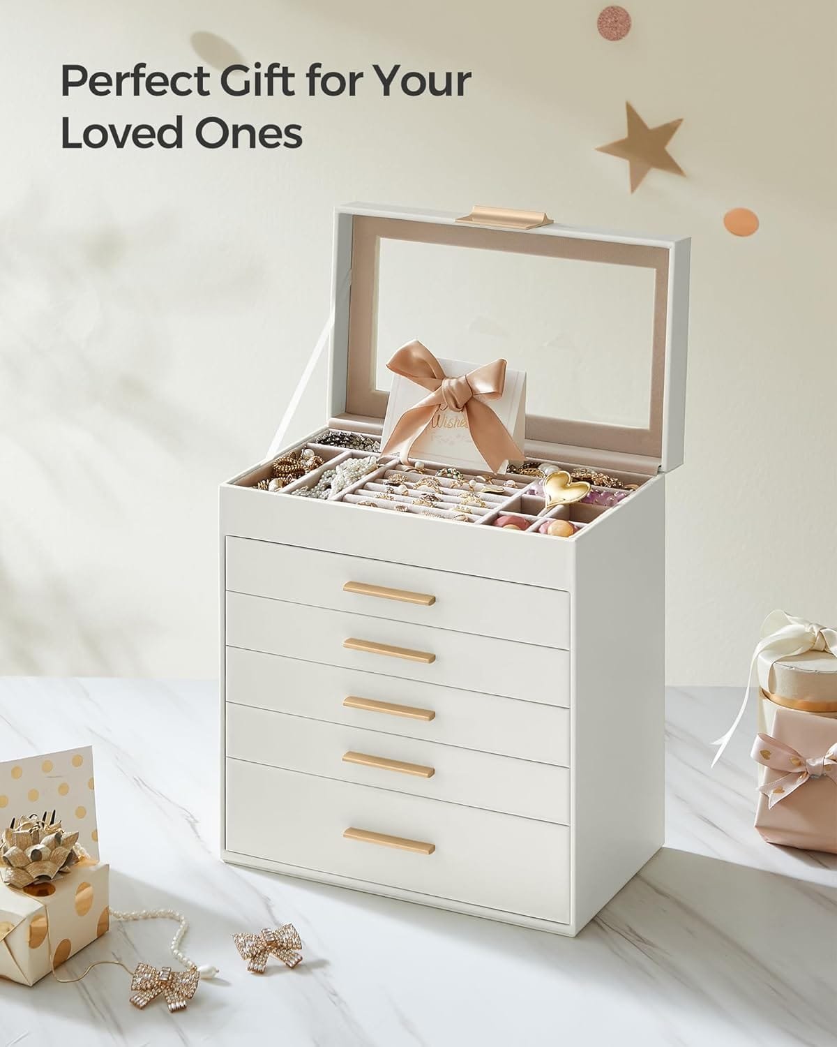 Smyckeskrin med Glaslock, 6-vånings Smyckeskåp, 5 Lådor, För Solglasögon, Stora Smycken, Smyckeförvaring, Modern Stil, Molnvit Och Guldfärg 7 Smyckeskrin med Glaslock, 6-vånings Smyckeskåp, 5 Lådor, För Solglasögon, Stora Smycken, Smyckeförvaring, Modern Stil, Molnvit Och Guldfärg - Bild 7