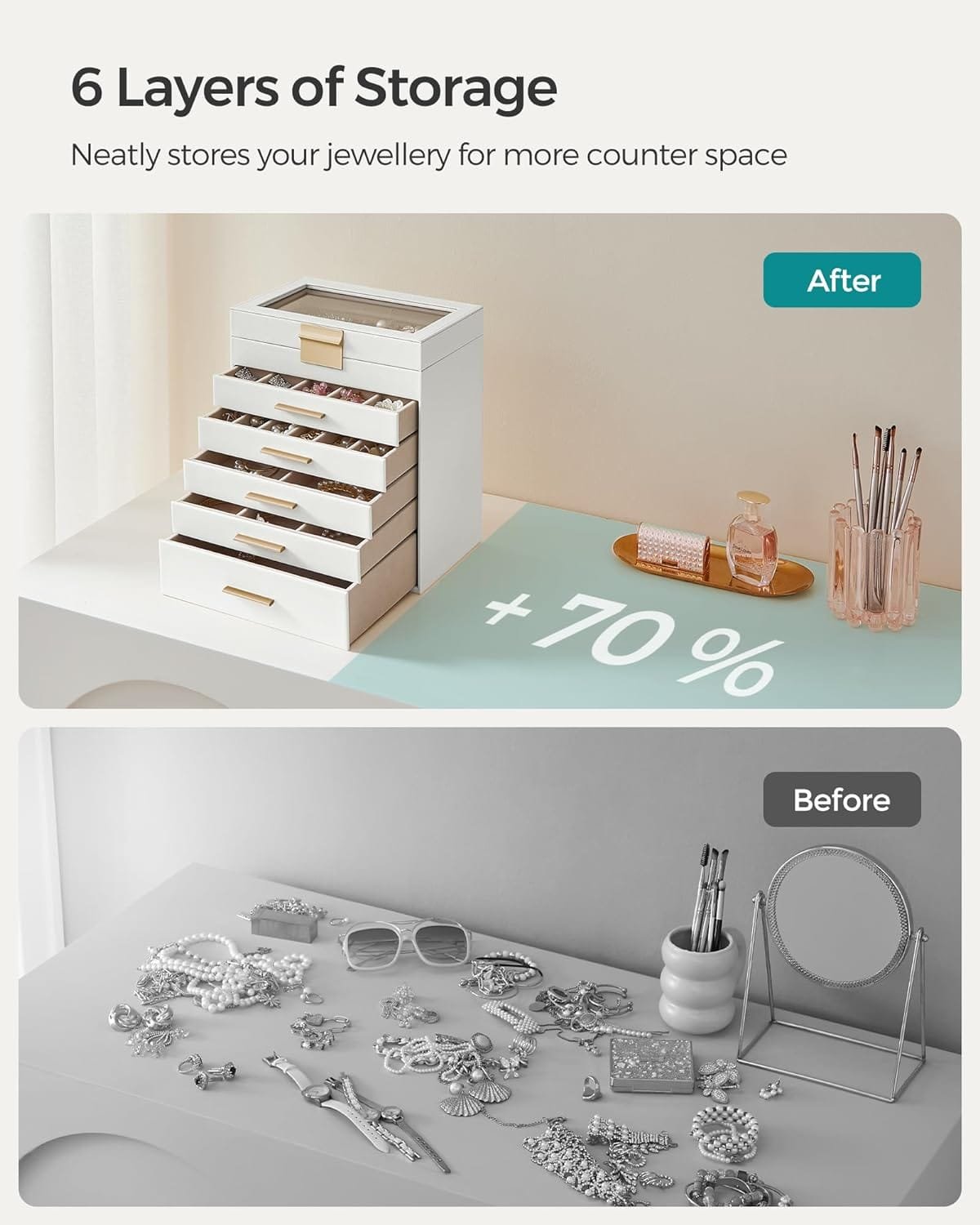 Smyckeskrin med Glaslock, 6-vånings Smyckeskåp, 5 Lådor, För Solglasögon, Stora Smycken, Smyckeförvaring, Modern Stil, Molnvit Och Guldfärg 6 Smyckeskrin med Glaslock, 6-vånings Smyckeskåp, 5 Lådor, För Solglasögon, Stora Smycken, Smyckeförvaring, Modern Stil, Molnvit Och Guldfärg - Bild 6