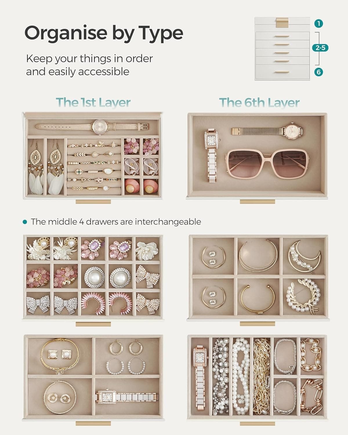 Smyckeskrin med Glaslock, 6-vånings Smyckeskåp, 5 Lådor, För Solglasögon, Stora Smycken, Smyckeförvaring, Modern Stil, Molnvit Och Guldfärg 3 Smyckeskrin med Glaslock, 6-vånings Smyckeskåp, 5 Lådor, För Solglasögon, Stora Smycken, Smyckeförvaring, Modern Stil, Molnvit Och Guldfärg - Bild 3