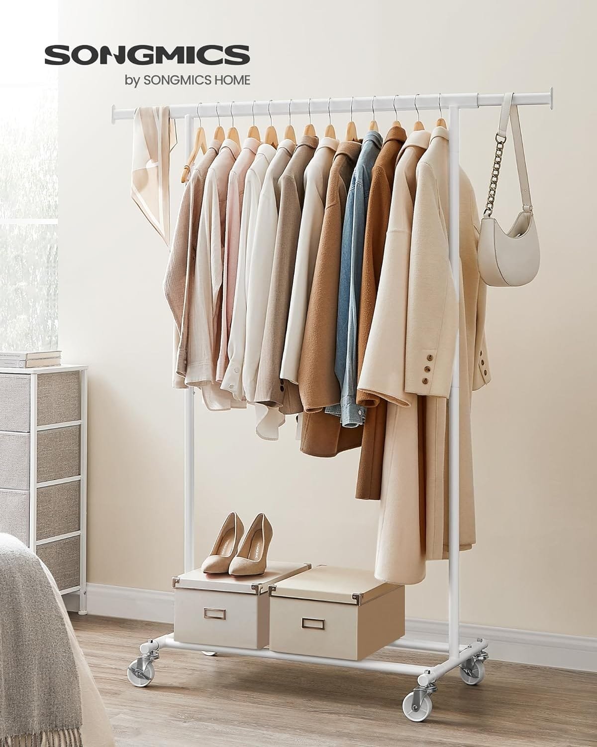 Klädställ på Hjul, Kraftig Klädstång, med Utdragbar Hängskena, 90 Kg Lastkapacitet, Enkel Montering, Bärbar, Klassisk Vit 3 Klädställ på Hjul, Kraftig Klädstång, med Utdragbar Hängskena, 90 Kg Lastkapacitet, Enkel Montering, Bärbar, Klassisk Vit - Bild 3