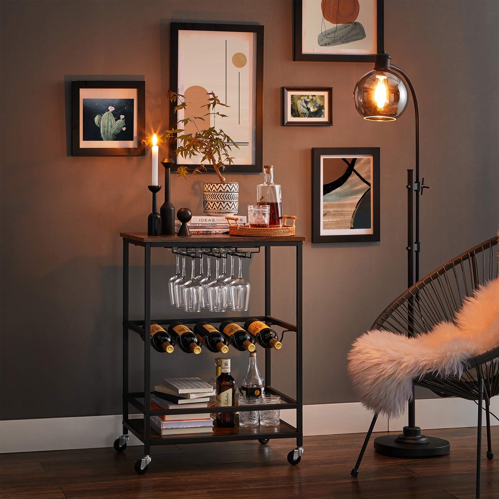 Köksvagn på Hjul med Hyllplan Glas Och Flaskhållare 60 X 40 X 75 Cm Industridesign Vintage Brun/svart 3 Köksvagn på Hjul med Hyllplan Glas Och Flaskhållare 60 X 40 X 75 Cm Industridesign Vintage Brun/svart - Bild 3