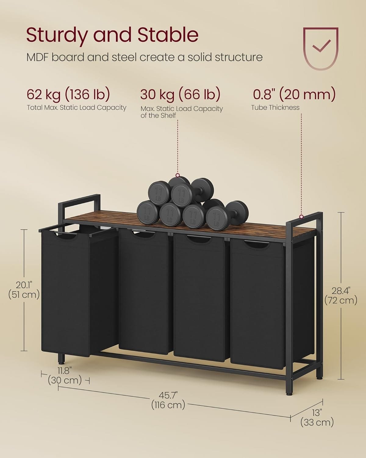 Tvättkorg, 4-fack, 4 X 40l, 116 X 33 X 72 Cm, Rustik Brun Och Svart 3 Tvättkorg, 4-fack, 4 X 40l, 116 X 33 X 72 Cm, Rustik Brun Och Svart - Bild 3