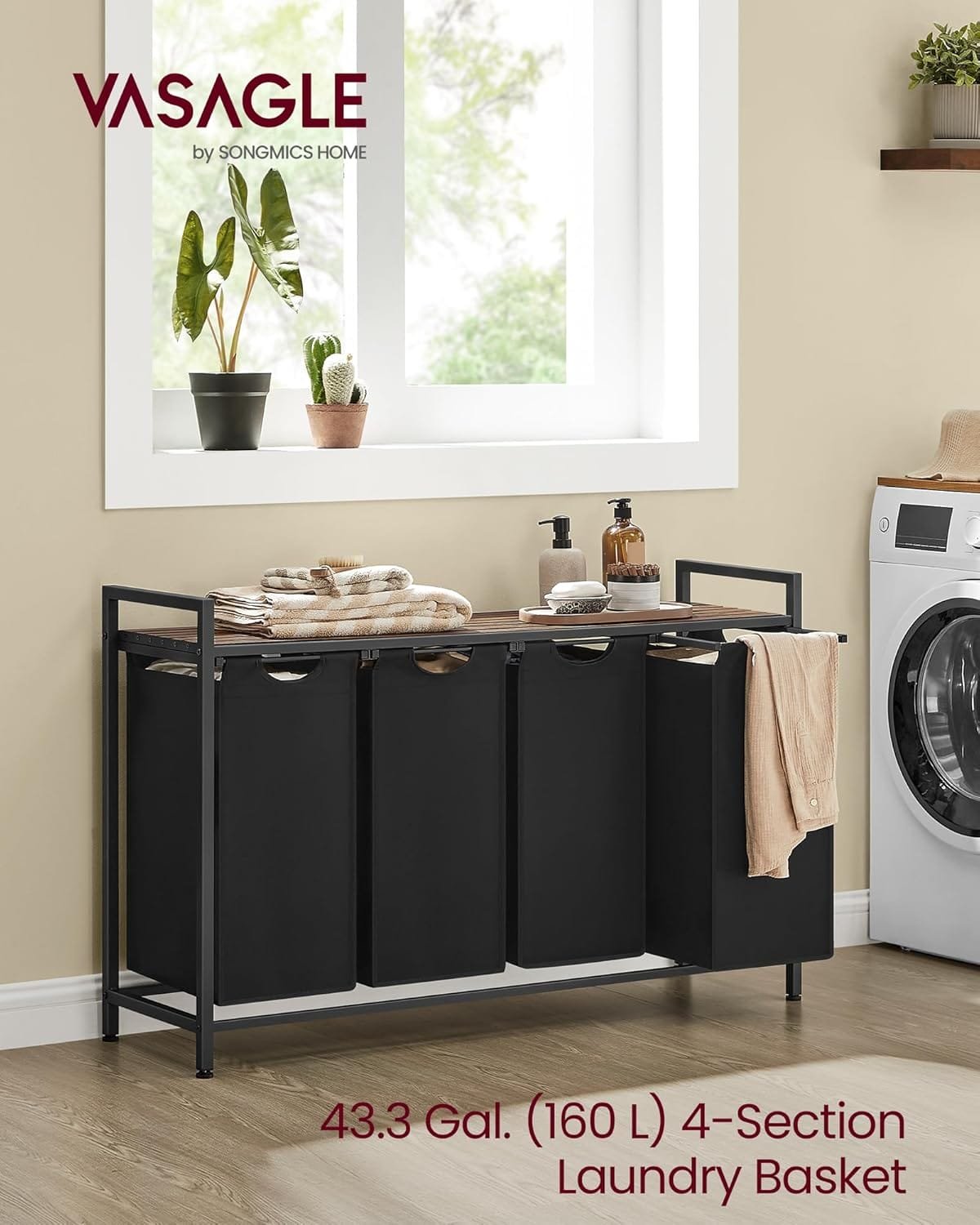 Tvättkorg, 4-fack, 4 X 40l, 116 X 33 X 72 Cm, Rustik Brun Och Svart 4 Tvättkorg, 4-fack, 4 X 40l, 116 X 33 X 72 Cm, Rustik Brun Och Svart - Bild 4