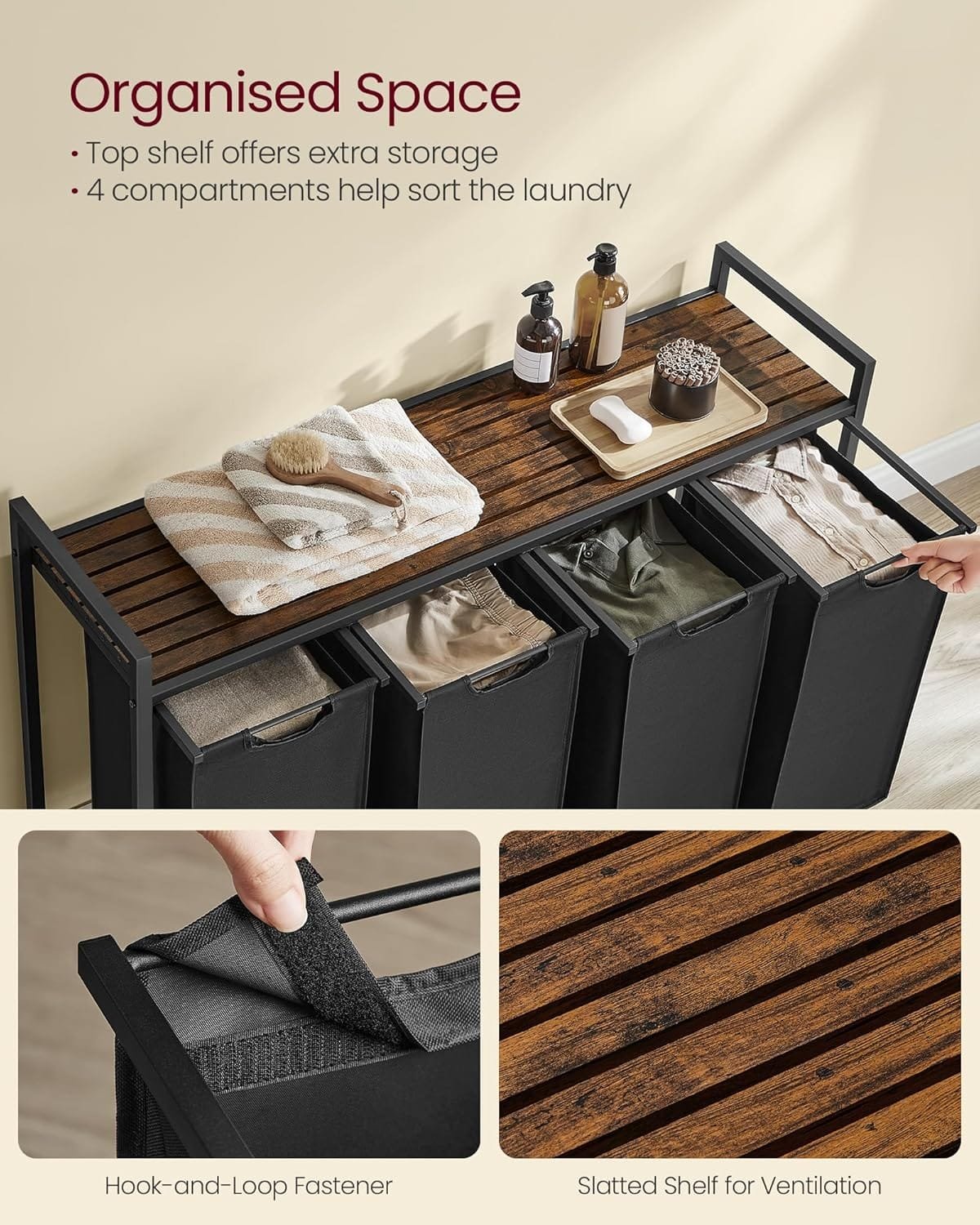 Tvättkorg, 4-fack, 4 X 40l, 116 X 33 X 72 Cm, Rustik Brun Och Svart 5 Tvättkorg, 4-fack, 4 X 40l, 116 X 33 X 72 Cm, Rustik Brun Och Svart - Bild 5