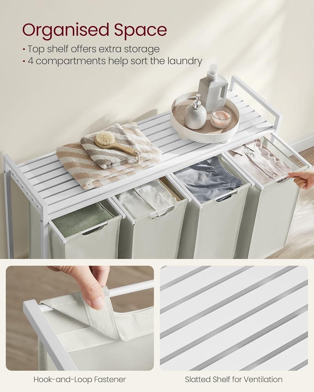 4-fack Tvättkorg, Utdragbara Och Avtagbara Tvättpåsar, 4 X 40l, 116 X 33 X 72 Cm, Vit 3 4-fack Tvättkorg, Utdragbara Och Avtagbara Tvättpåsar, 4 X 40l, 116 X 33 X 72 Cm, Vit - Bild 3