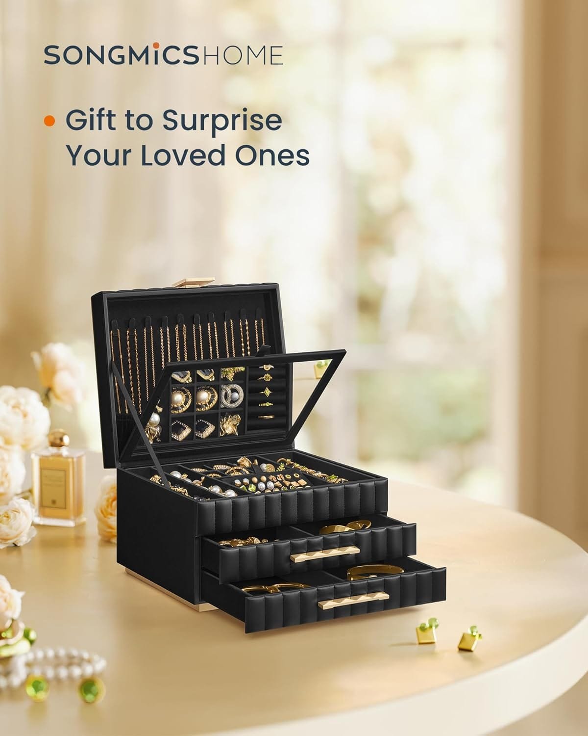 3-lagers Smyckeskrin med Spegel, Smyckeskrin med 2 Lådor, Presentidé, Bläcksvart 2 3-lagers Smyckeskrin med Spegel, Smyckeskrin med 2 Lådor, Presentidé, Bläcksvart - Bild 2