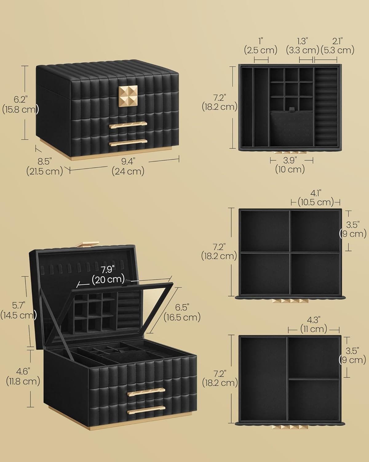 3-lagers Smyckeskrin med Spegel, Smyckeskrin med 2 Lådor, Presentidé, Bläcksvart 5 3-lagers Smyckeskrin med Spegel, Smyckeskrin med 2 Lådor, Presentidé, Bläcksvart - Bild 5