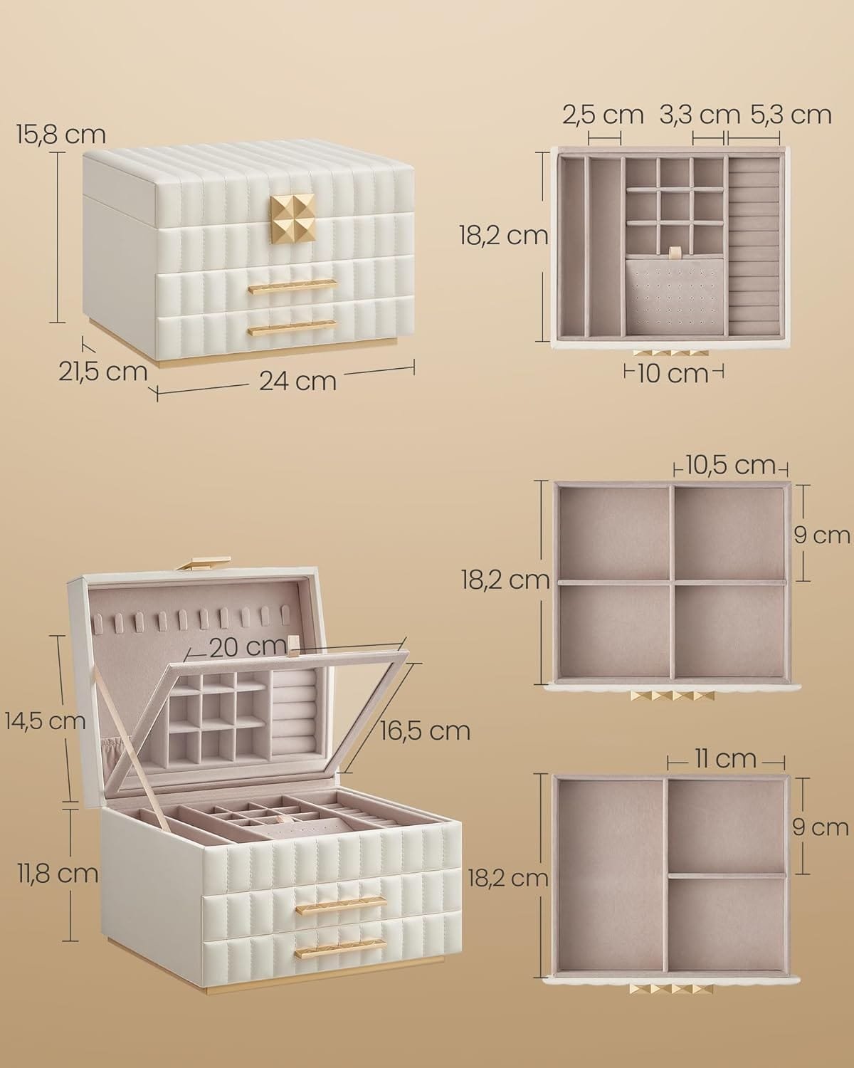 3-vånings Smyckeskrin med Spegel, Smyckeskåp , 21,5 X 24 X 15,8 Cm, Presentidé, Molnvit 5 3-vånings Smyckeskrin med Spegel, Smyckeskåp , 21,5 X 24 X 15,8 Cm, Presentidé, Molnvit - Bild 5