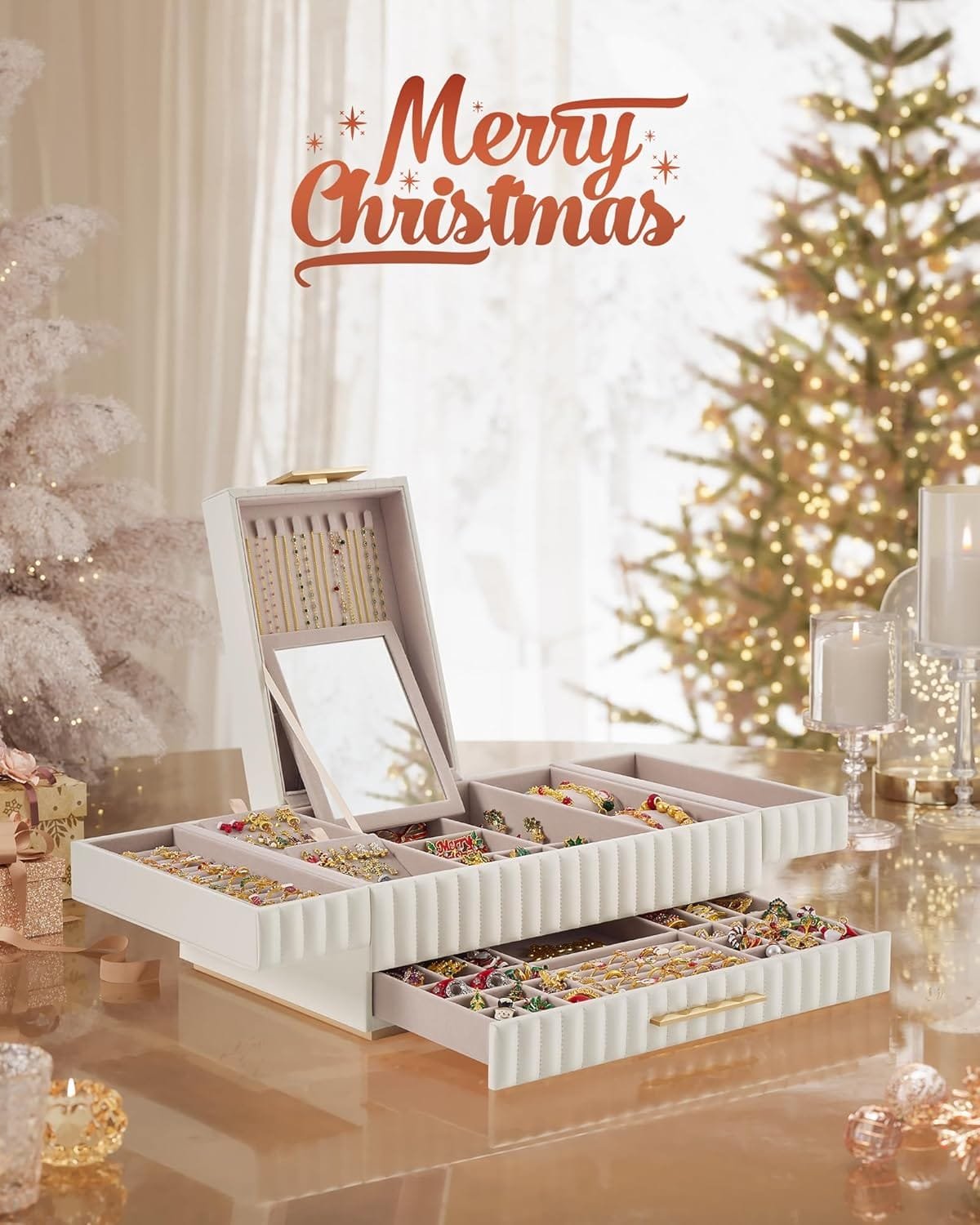 Smyckeskrin med Spegel, Smyckeskrin med Låda, 10,6 X 15 X 6,3 Tum, Molnvit 2 Smyckeskrin med Spegel, Smyckeskrin med Låda, 10,6 X 15 X 6,3 Tum, Molnvit - Bild 2