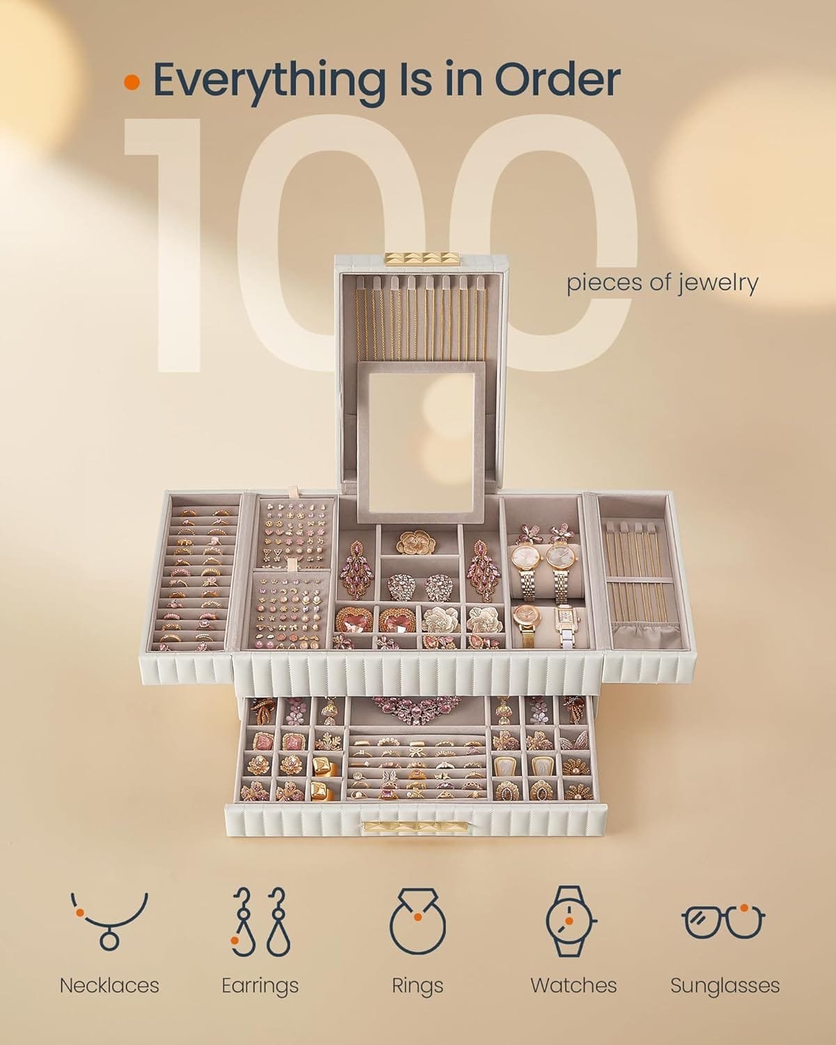 Smyckeskrin med Spegel, Smyckeskrin med Låda, 10,6 X 15 X 6,3 Tum, Molnvit 4 Smyckeskrin med Spegel, Smyckeskrin med Låda, 10,6 X 15 X 6,3 Tum, Molnvit - Bild 4