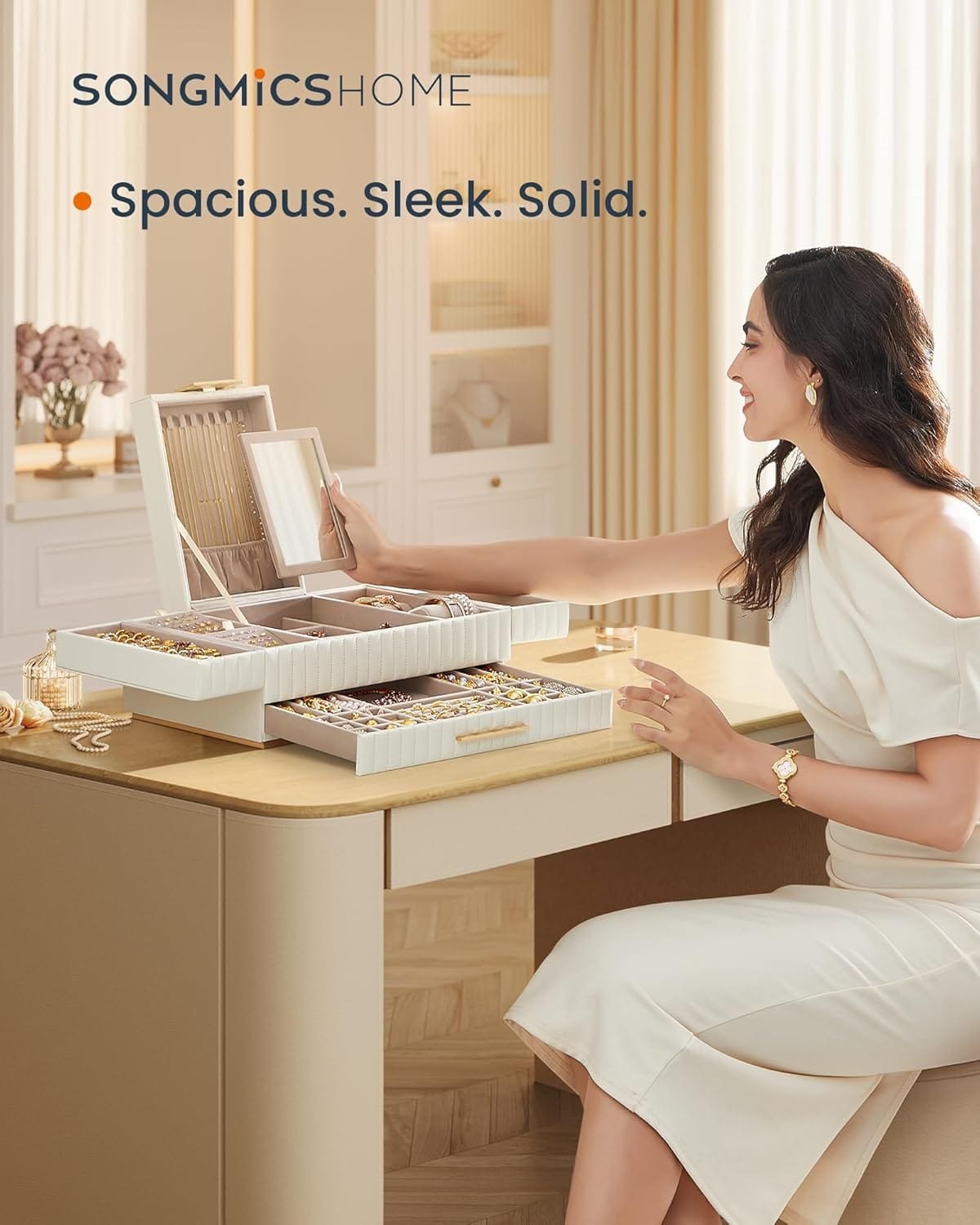 Smyckeskrin med Spegel, Smyckeskrin med Låda, 10,6 X 15 X 6,3 Tum, Molnvit 7 Smyckeskrin med Spegel, Smyckeskrin med Låda, 10,6 X 15 X 6,3 Tum, Molnvit - Bild 7