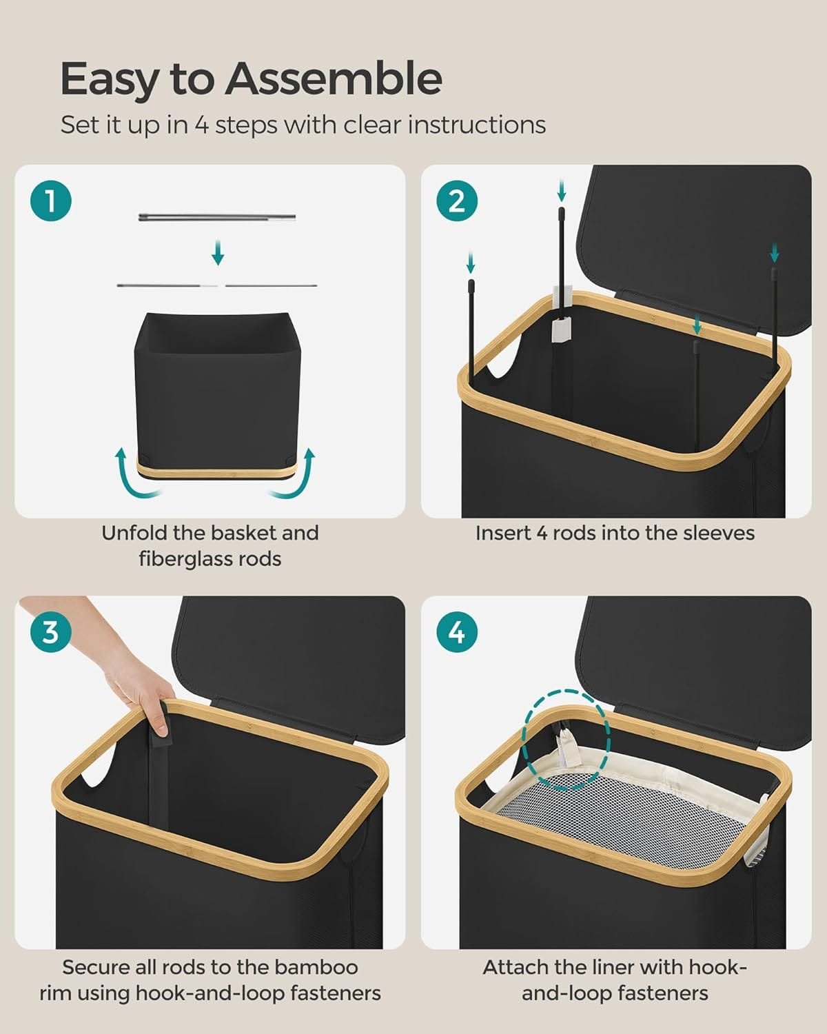 Stor Tvättkorg med Lock, 90l, Avtagbart Meshfoder, Oxfordtyg, Bläcksvart 2 Stor Tvättkorg med Lock, 90l, Avtagbart Meshfoder, Oxfordtyg, Bläcksvart - Bild 2