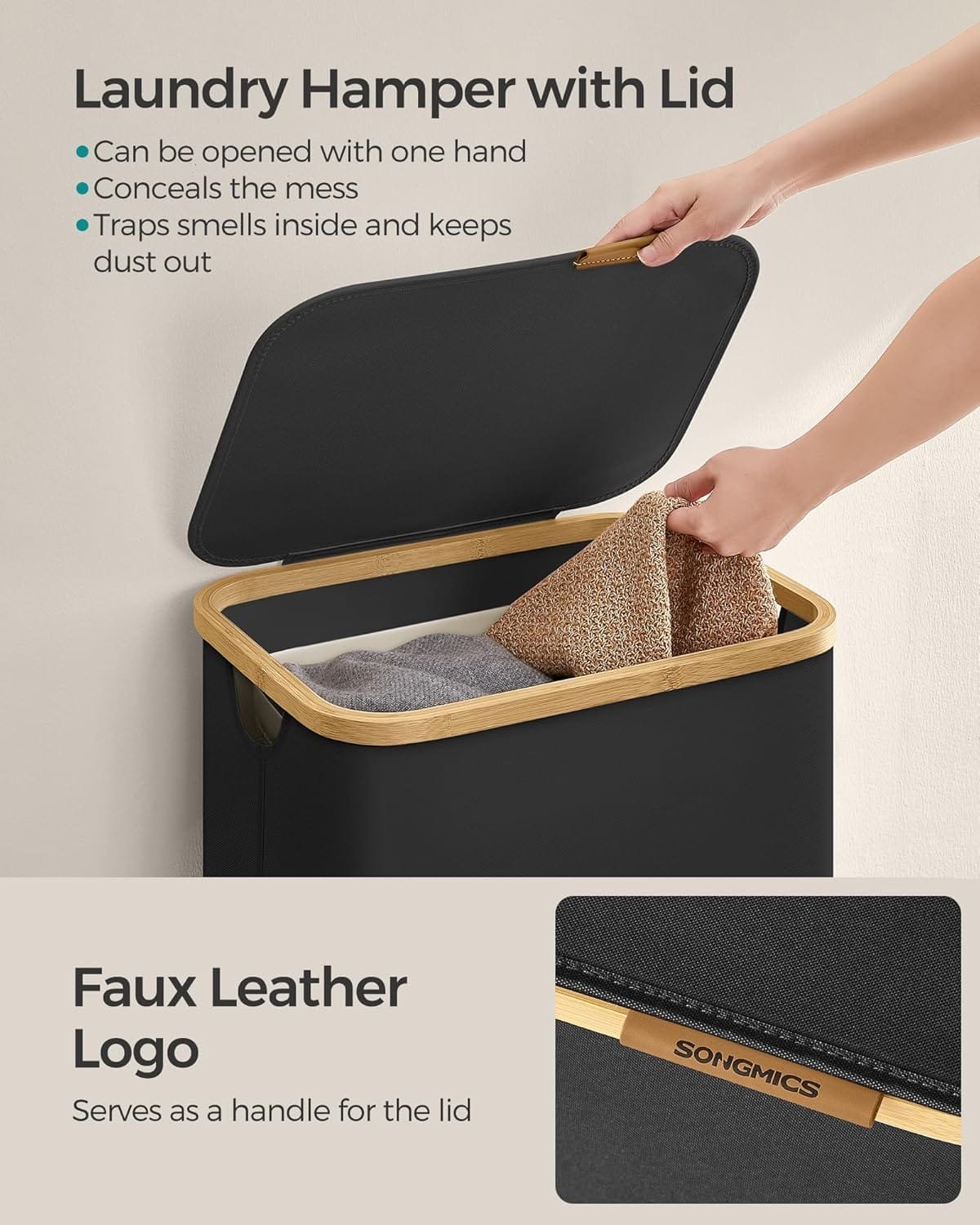 Stor Tvättkorg med Lock, 90l, Avtagbart Meshfoder, Oxfordtyg, Bläcksvart 4 Stor Tvättkorg med Lock, 90l, Avtagbart Meshfoder, Oxfordtyg, Bläcksvart - Bild 4