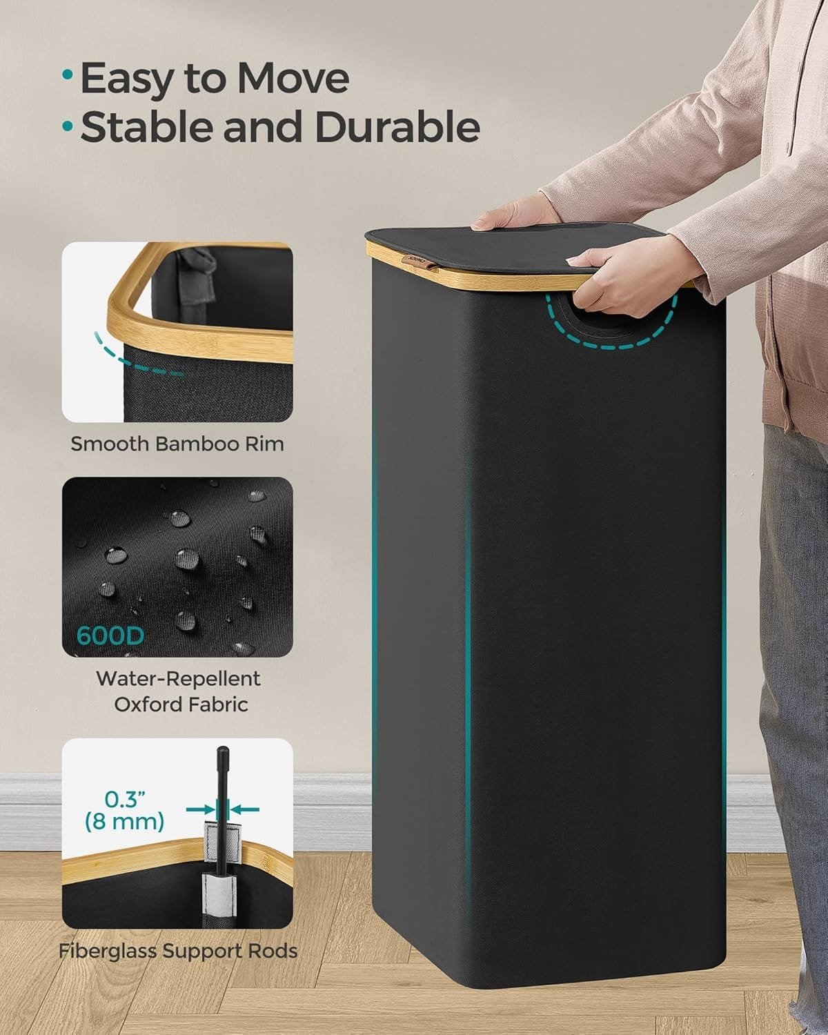 Stor Tvättkorg med Lock, 90l, Avtagbart Meshfoder, Oxfordtyg, Bläcksvart 7 Stor Tvättkorg med Lock, 90l, Avtagbart Meshfoder, Oxfordtyg, Bläcksvart - Bild 7