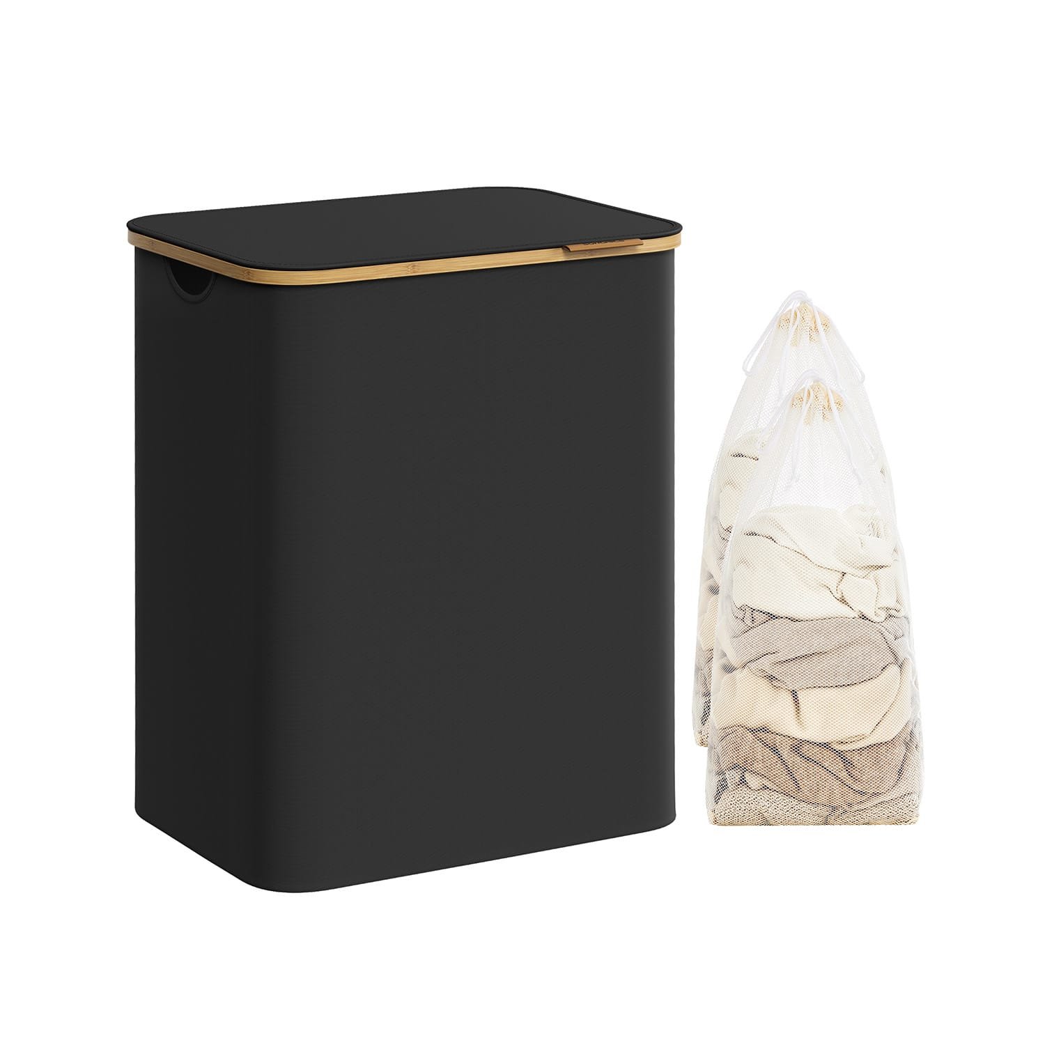 Tvättkorg med Lock, 2-delad, 130l, Avtagbart Nätfoder, Oxfordtyg, Bambuhandtag, Bläcksvart 1 Tvättkorg