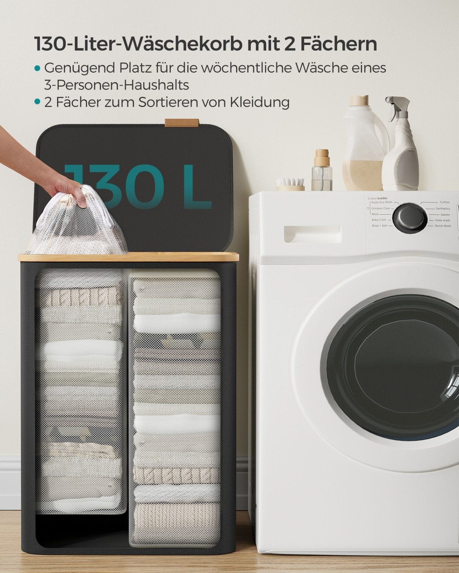 Tvättkorg med Lock, 2-delad, 130l, Avtagbart Nätfoder, Oxfordtyg, Bambuhandtag, Bläcksvart 2 Tvättkorg med Lock, 2-delad, 130l, Avtagbart Nätfoder, Oxfordtyg, Bambuhandtag, Bläcksvart - Bild 2