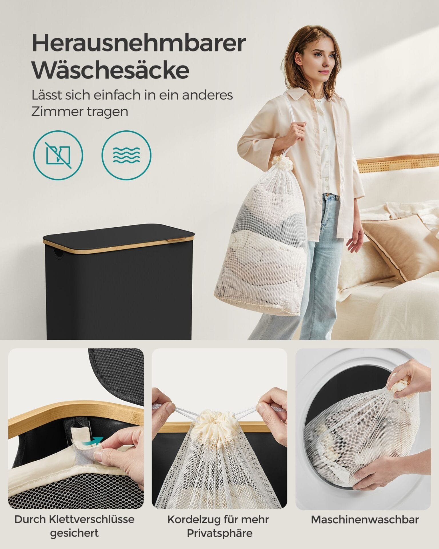 Tvättkorg med Lock, 2-delad, 130l, Avtagbart Nätfoder, Oxfordtyg, Bambuhandtag, Bläcksvart 4 Tvättkorg med Lock, 2-delad, 130l, Avtagbart Nätfoder, Oxfordtyg, Bambuhandtag, Bläcksvart - Bild 4