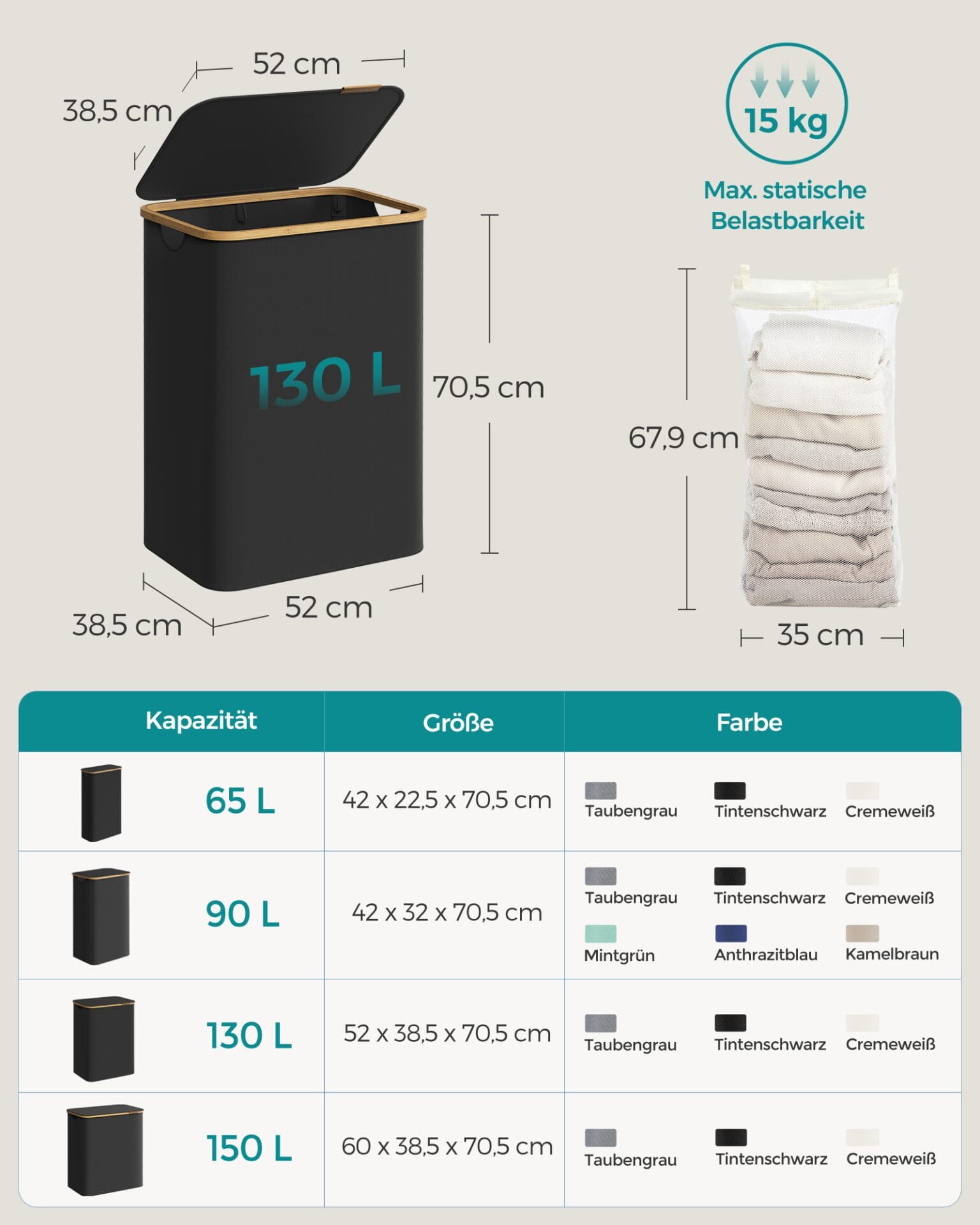 Tvättkorg med Lock, 2-delad, 130l, Avtagbart Nätfoder, Oxfordtyg, Bambuhandtag, Bläcksvart 5 Tvättkorg med Lock, 2-delad, 130l, Avtagbart Nätfoder, Oxfordtyg, Bambuhandtag, Bläcksvart - Bild 5