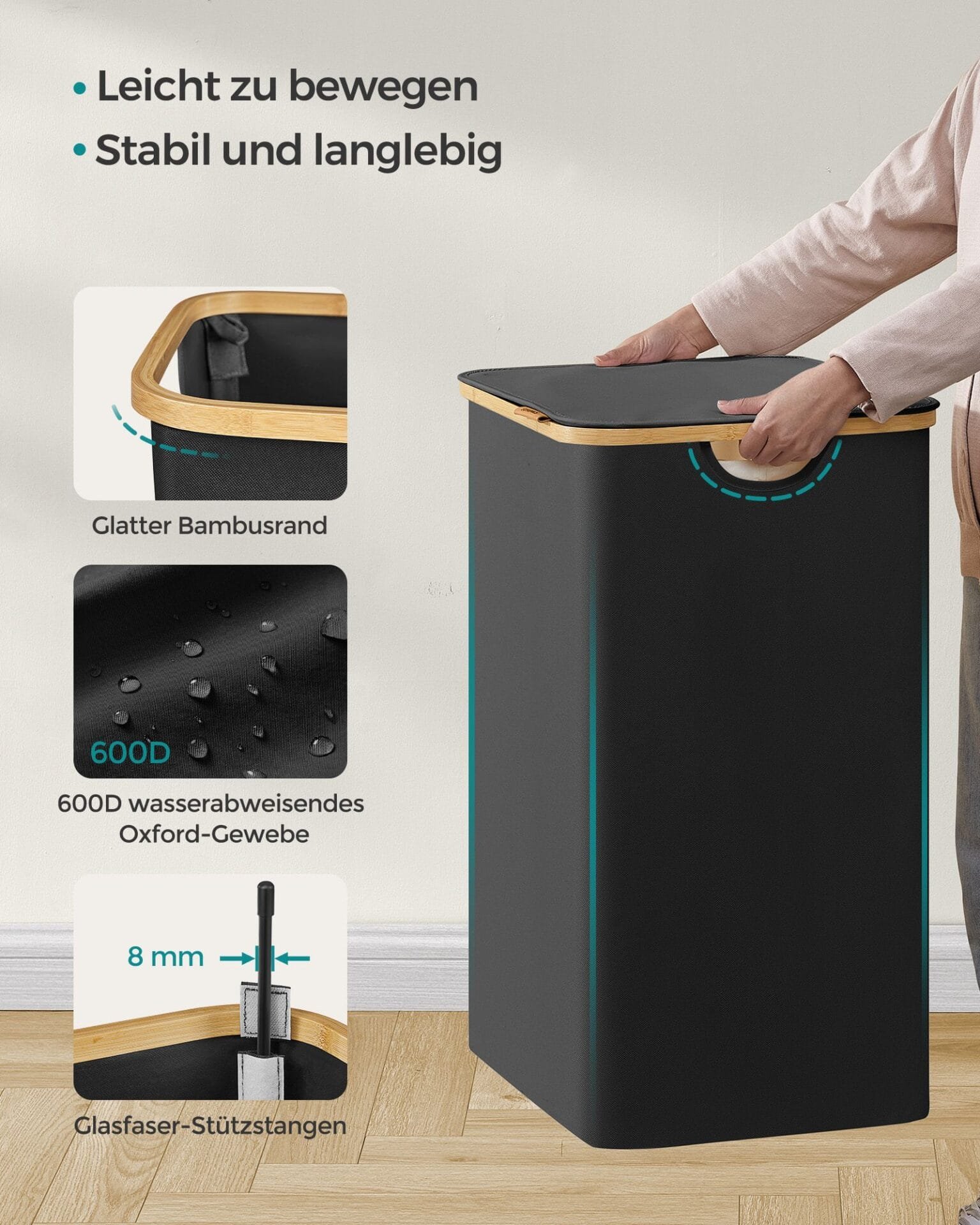 Tvättkorg med Lock, 2-delad, 130l, Avtagbart Nätfoder, Oxfordtyg, Bambuhandtag, Bläcksvart 6 Tvättkorg med Lock, 2-delad, 130l, Avtagbart Nätfoder, Oxfordtyg, Bambuhandtag, Bläcksvart - Bild 6