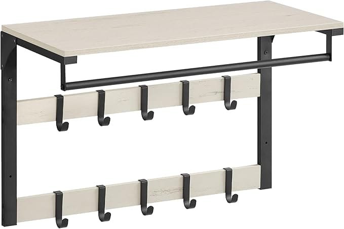 Väggmonterad Klädhängare, Vägghylla med 10 Avtagbara Krokar, Klädstång, Vit Och Bläcksvart 1 Väggmonterad Klädhängare, Vägghylla med 10 Avtagbara Krokar, Klädstång, Vit Och Bläcksvart