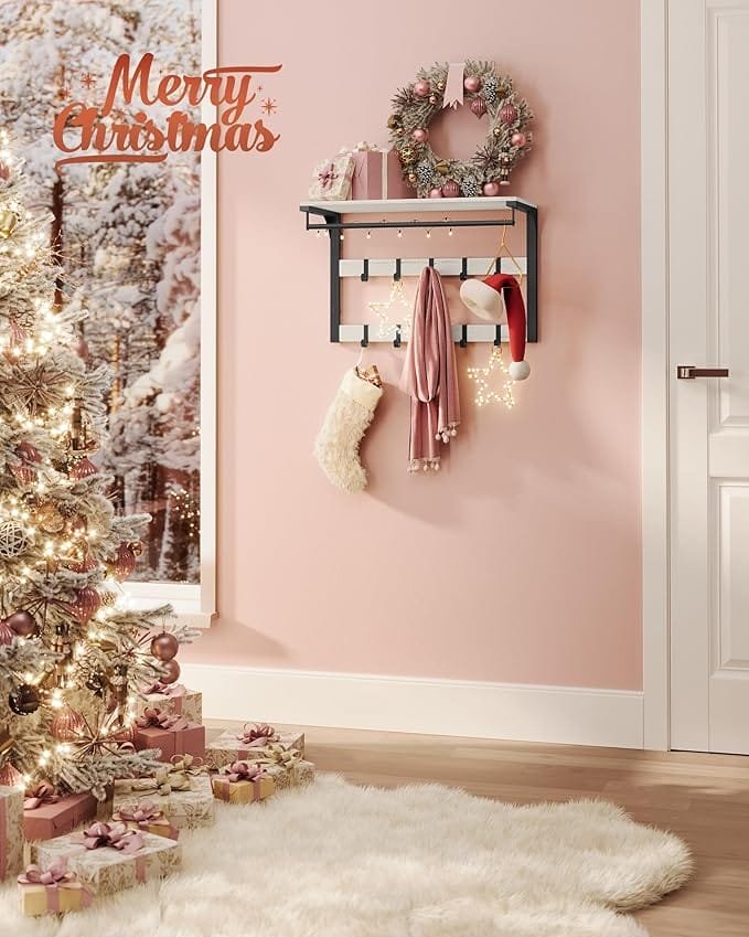 Väggmonterad Klädhängare, Vägghylla med 10 Avtagbara Krokar, Klädstång, Vit Och Bläcksvart 2 Väggmonterad Klädhängare, Vägghylla med 10 Avtagbara Krokar, Klädstång, Vit Och Bläcksvart - Bild 2