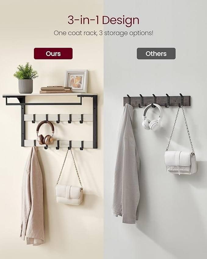 Väggmonterad Klädhängare, Vägghylla med 10 Avtagbara Krokar, Klädstång, Vit Och Bläcksvart 3 Väggmonterad Klädhängare, Vägghylla med 10 Avtagbara Krokar, Klädstång, Vit Och Bläcksvart - Bild 3