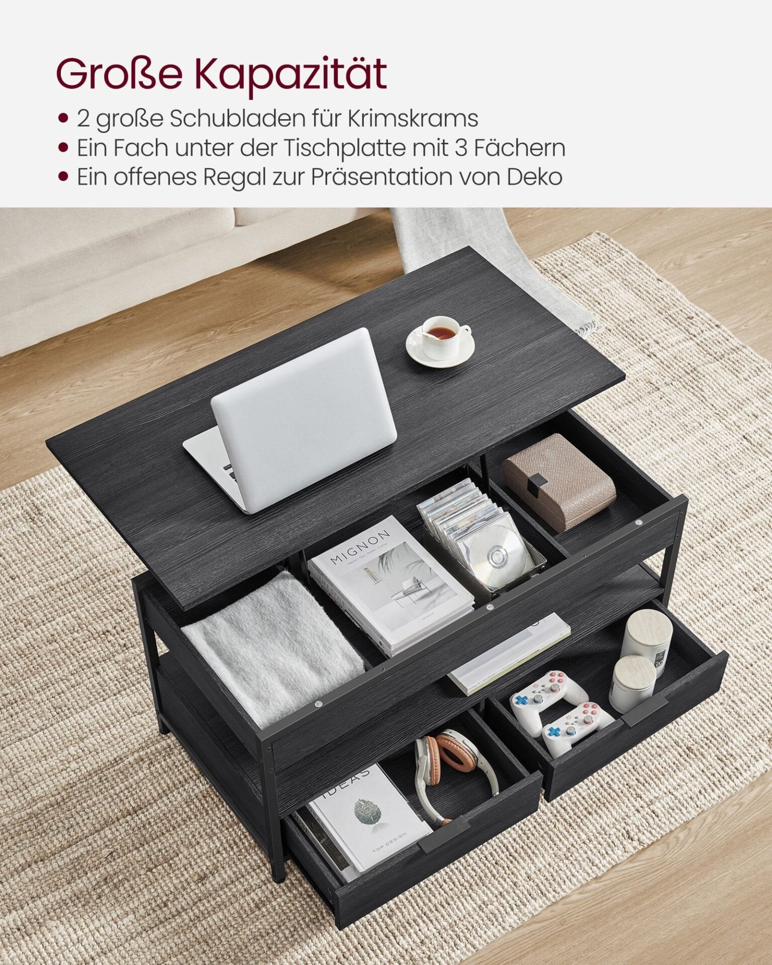 Soffbord, Vardagsrumsbord, med Förvaringslådor, Kolgrå Och Bläcksvart 4 Soffbord, Vardagsrumsbord, med Förvaringslådor, Kolgrå Och Bläcksvart - Bild 4