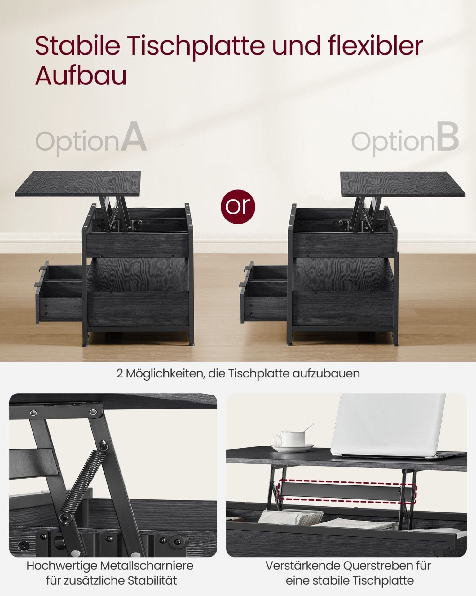 Soffbord, Vardagsrumsbord, med Förvaringslådor, Kolgrå Och Bläcksvart 5 Soffbord, Vardagsrumsbord, med Förvaringslådor, Kolgrå Och Bläcksvart - Bild 5