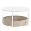 Runt soffbord med förvaringsfack i beige och vitt, modern design.
