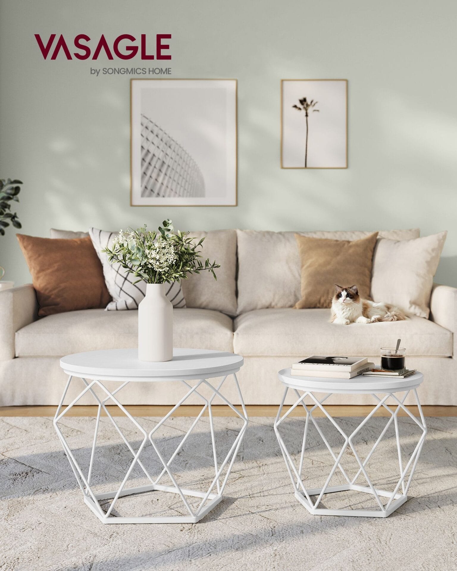 2 Sidobord, Soffbord Modern Stil, Avtagbar Bordsskiva, Snövit Och Molnvit 2 2 Sidobord, Soffbord Modern Stil, Avtagbar Bordsskiva, Snövit Och Molnvit - Bild 2